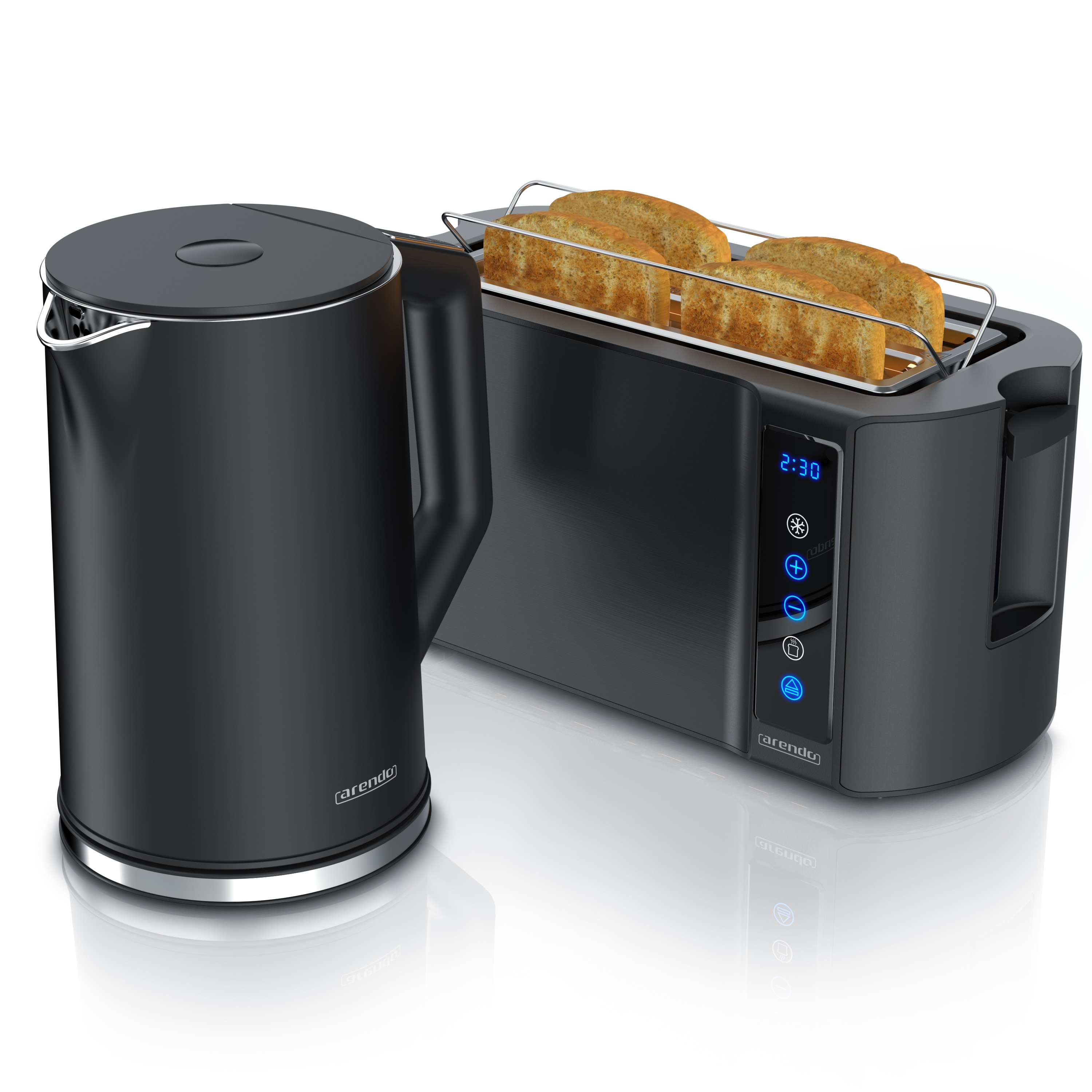 Arendo Fr&uuml;hst&uuml;cks-Set mit Wasserkocher 1,5 l und 4-Scheiben-Langschlitztoaster, Temperaturwahl, Touchpanel, Br&ouml;tchenaufsatz, schwarz - Bild 1