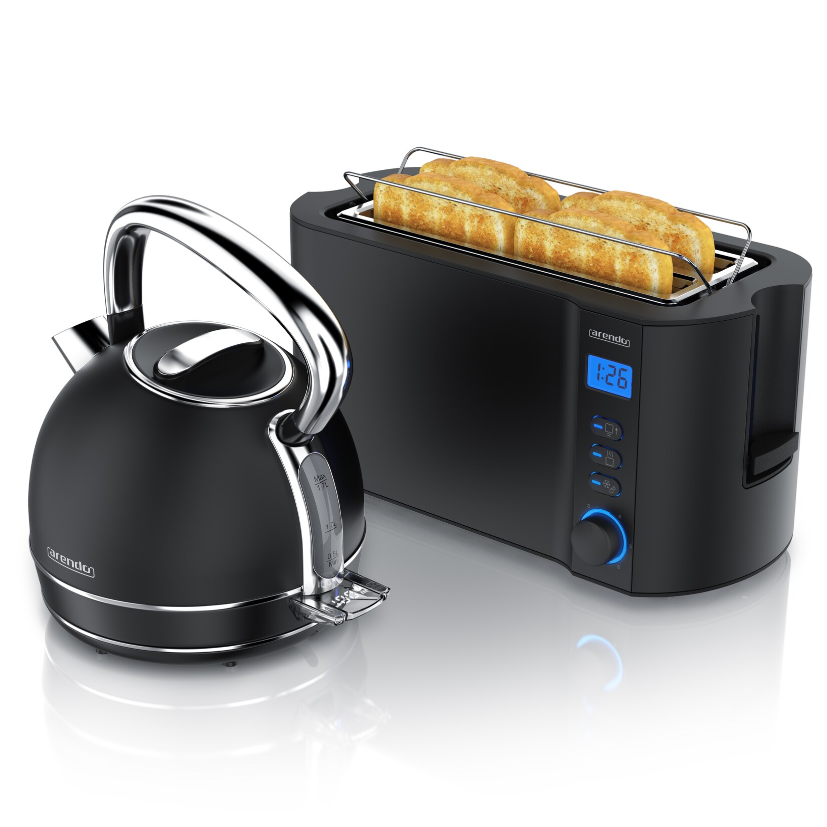 Arendo Frühstücks-Set Edelstahl Wasserkocher 1,7l, 4-Scheiben Langschlitz Toaster, schwarz (2-tlg), Vintage Wasserkocher …