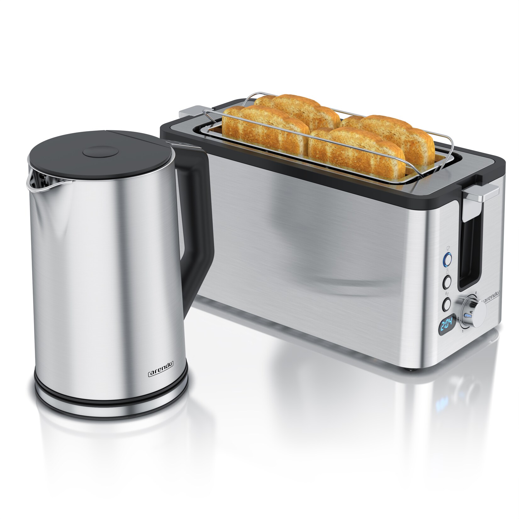 Arendo Frühstücks-Set Edelstahl Wasserkocher 1,5l, 4-Scheiben Langschlitz Toaster, silber (2-tlg), Wasserkocher mit Temperatureinstellung
