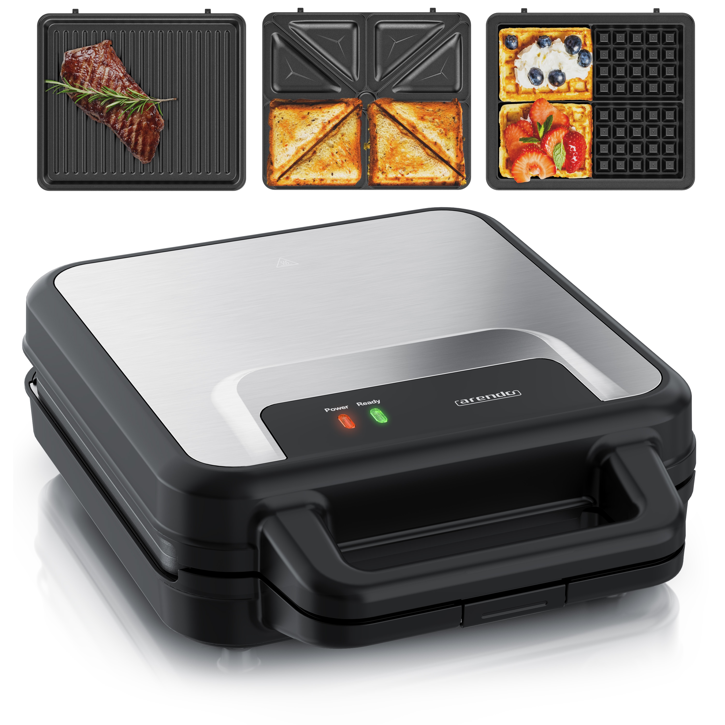 Arendo 3-in-1-Sandwichmaker, Waffeleisen und Kontaktgrill, 1400 W, 3 wechselbare Platten-Sets mit Antihaftbeschichtung - Bild 1