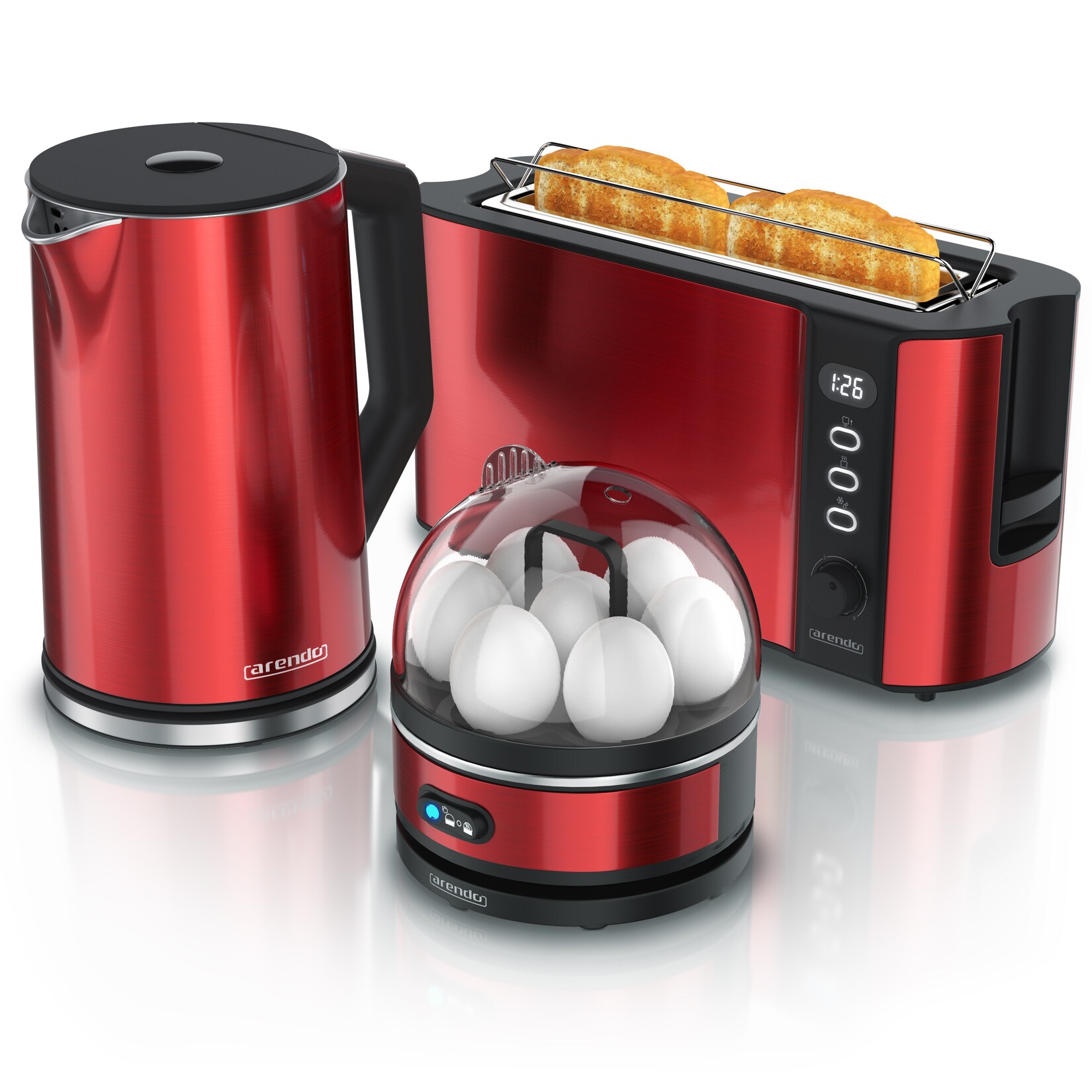 Arendo Frühstücks-Set mit Wasserkocher 1,5 l, Langschlitztoaster und Eierkocher für 7 Eier, Temperaturwahl, 3-teilig, rot