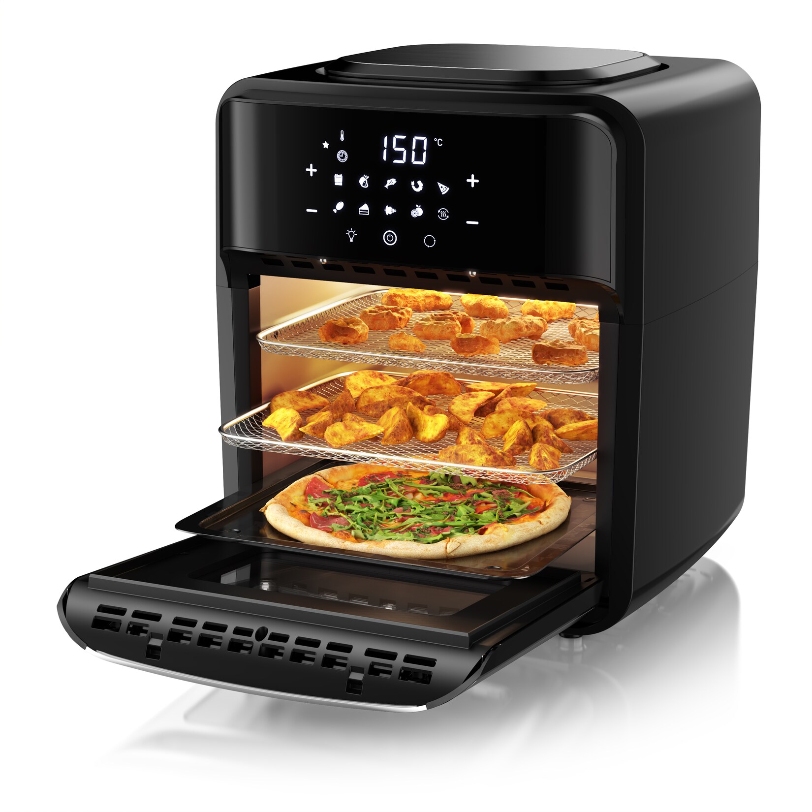 Arendo Heißluftfritteuse 12 l, 1800 W, Multifunktionsofen mit Backofen- und Dörrfunktion, 10 Programme, Touch-Bedienung und Zubehör