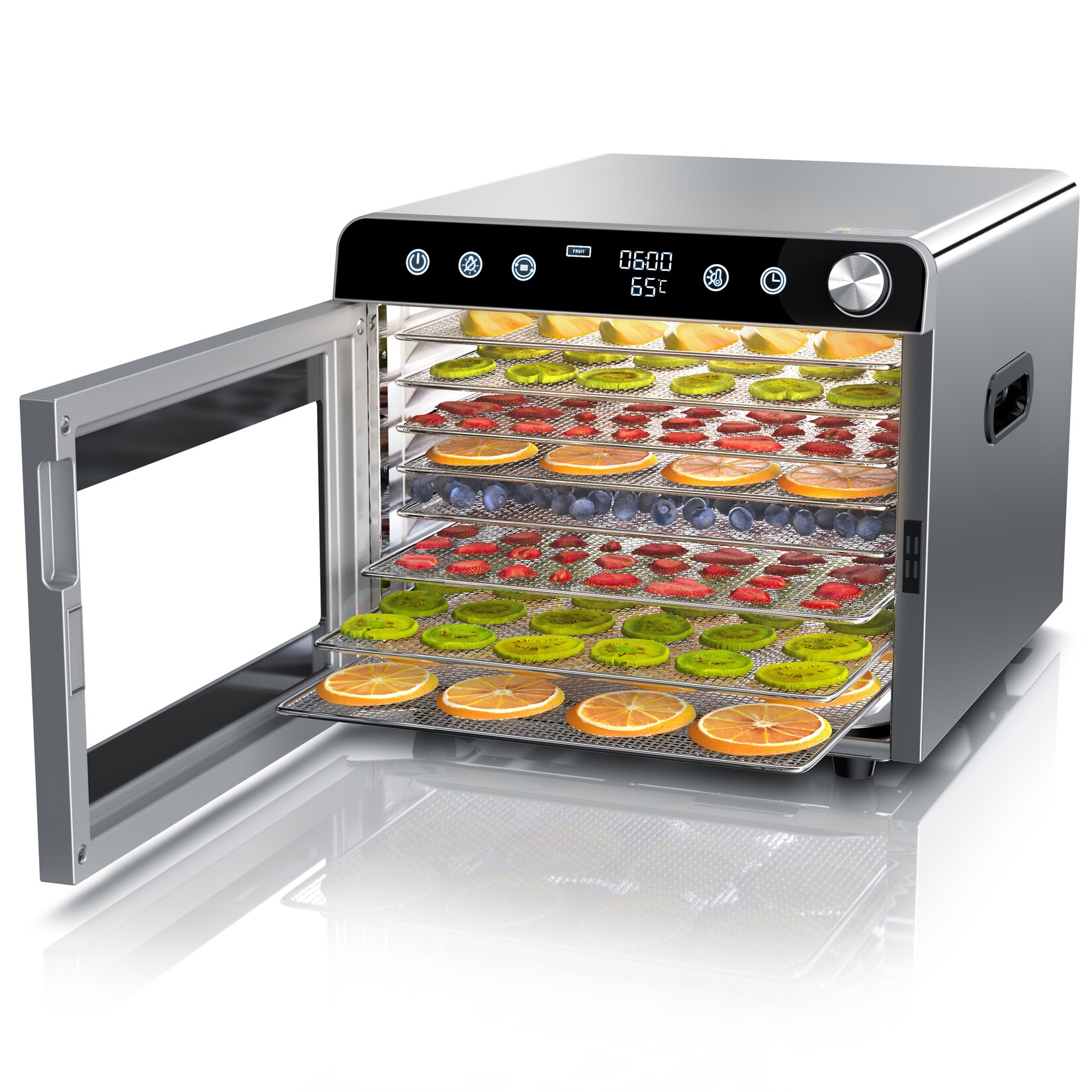Arendo Dörrautomat Edelstahl, Temperaturregler von 30° bis 85°C, Dörrgerät, Dehydrator, 700 W, 8 Etagen, Obst, Fisch, Fleisch Dörrapparat