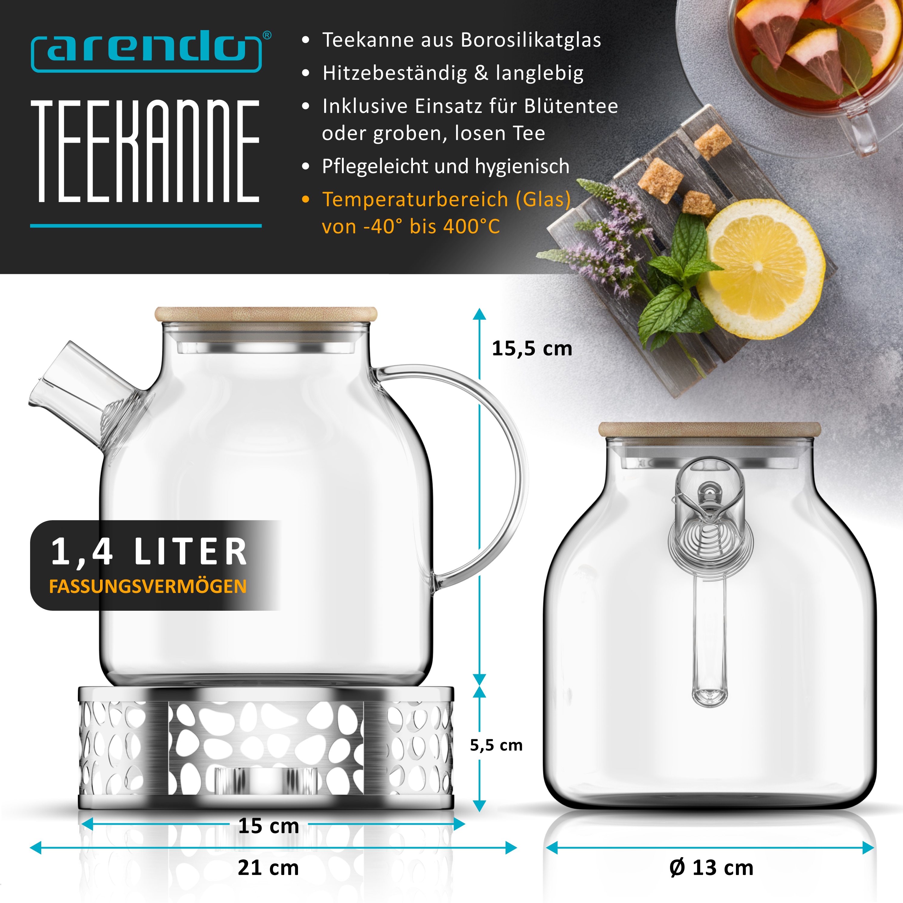 Arendo Teekanne aus Borosilikatglas, 1,4 l, Bambusdeckel, herausnehmbarer Teeeinsatz und Edelstahl-St&ouml;vchen mit Teelichthalter - Bild 1