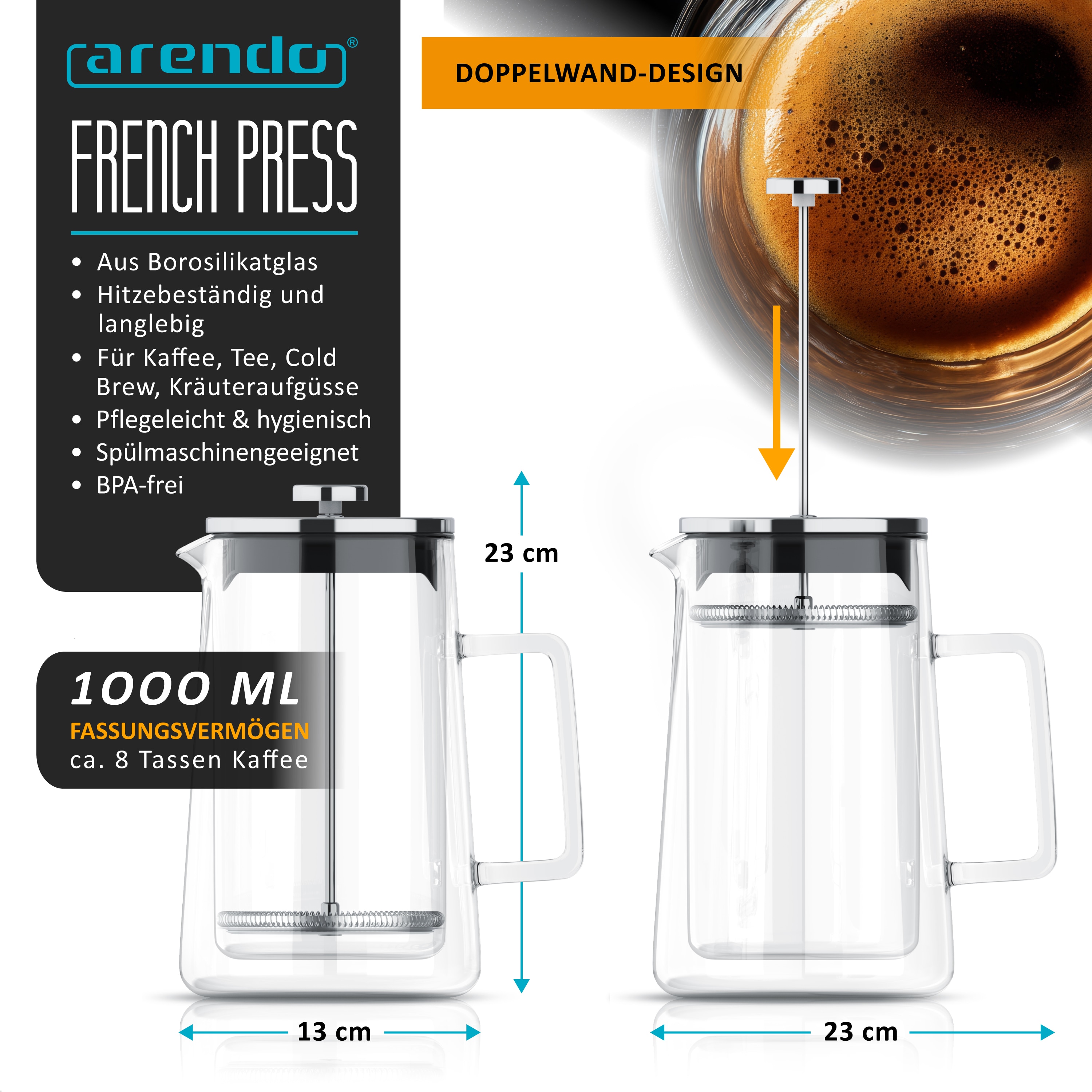 Arendo French Press Kaffeebereiter, 1 l, doppelwandiges Borosilikatglas, Edelstahlfilter und tropffreier Ausguss, auch f&uuml;r Tee - Bild 1