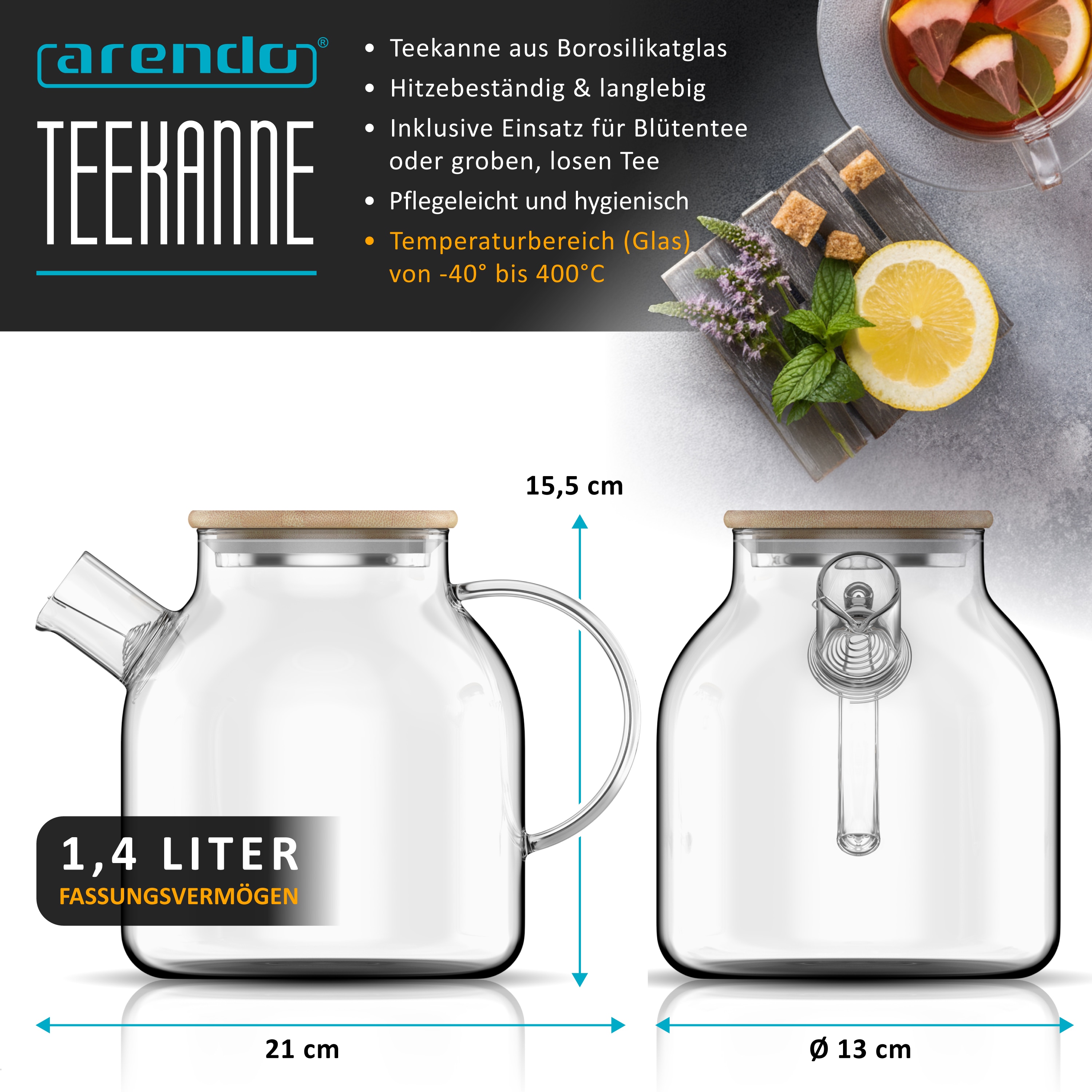 Arendo Teekanne aus Borosilikatglas, 1,4 l, Bambusdeckel mit Edelstahlunterseite, herausnehmbarer Teeeinsatz und tropffreier Ausguss - Bild 1