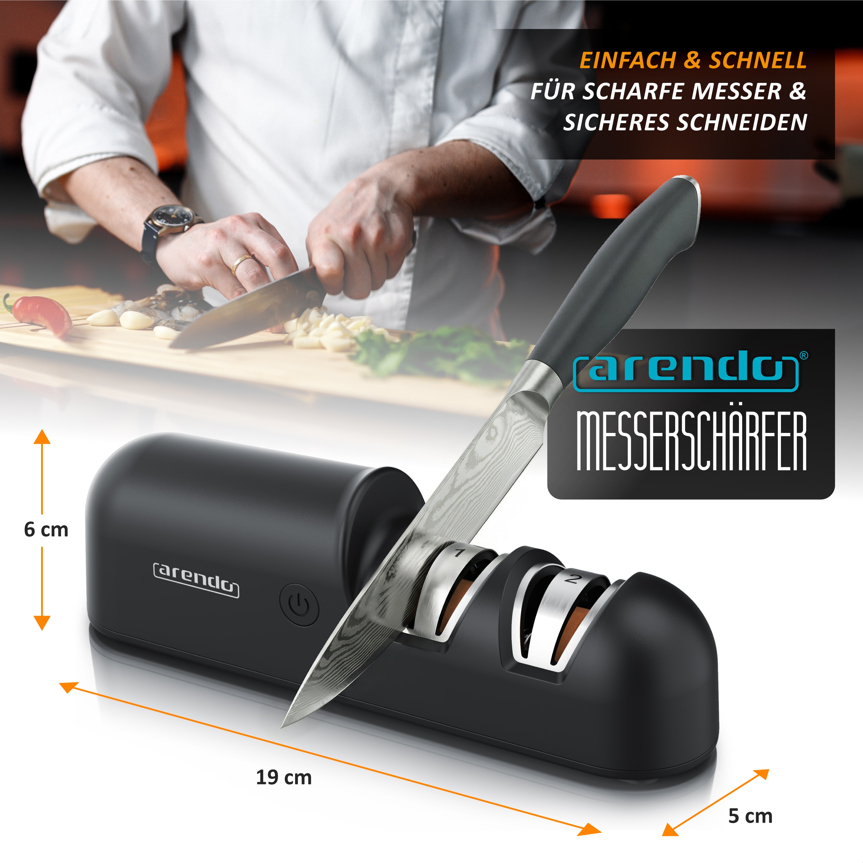 Arendo Messersch&auml;rfer Elektrisch Profi Messerschleifer f&uuml;r verschiedene Messer, Kompakt, 2-Stufen Grob- & Feinschliff, 1200mAh Akku, Edelkorund, USB-C - Bild 1