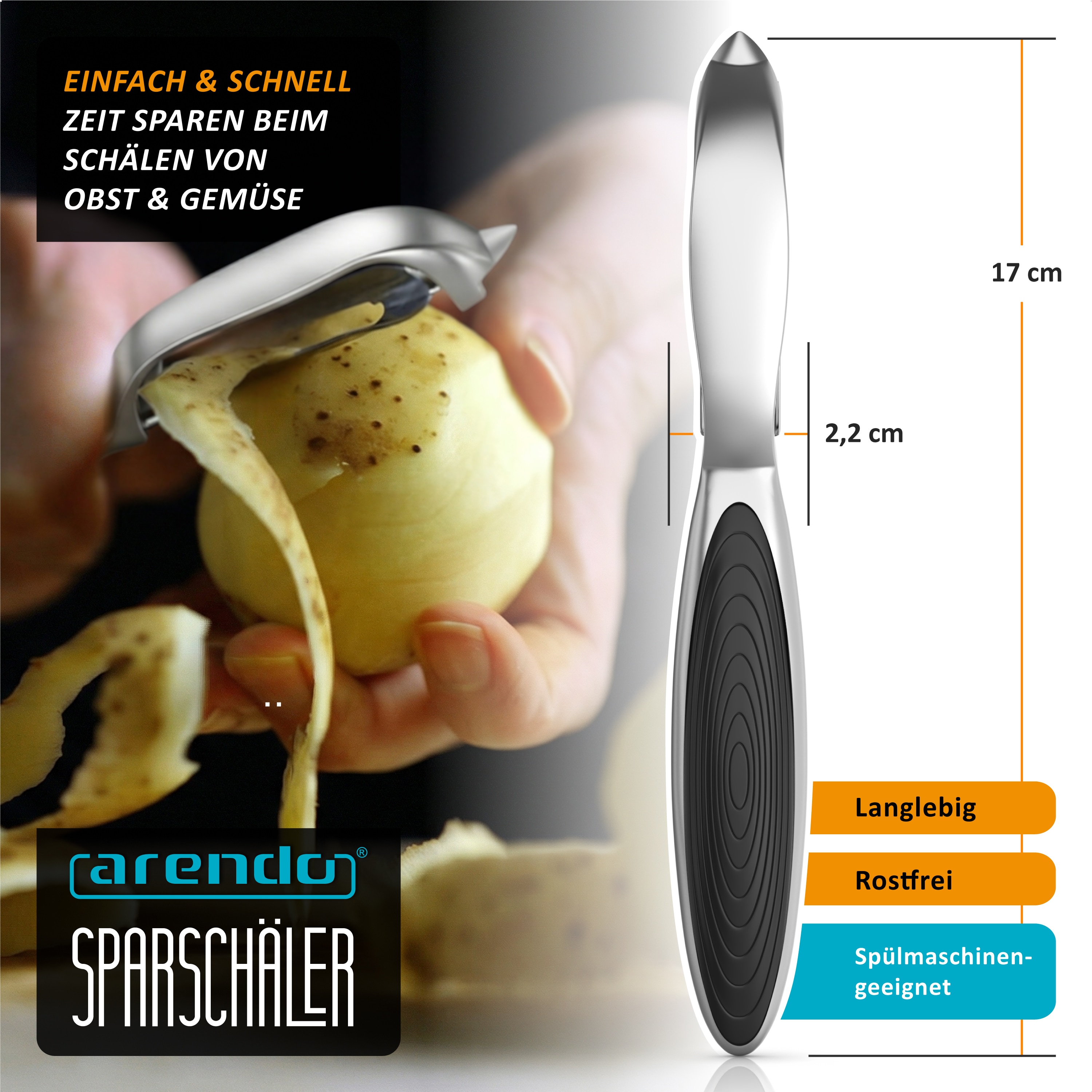 Arendo Sparsch&auml;ler mit Edelstahl-Pendelklinge und Ausstecher, rutschfester Griff, f&uuml;r Links- und Rechtsh&auml;nder, 17 cm - Bild 1