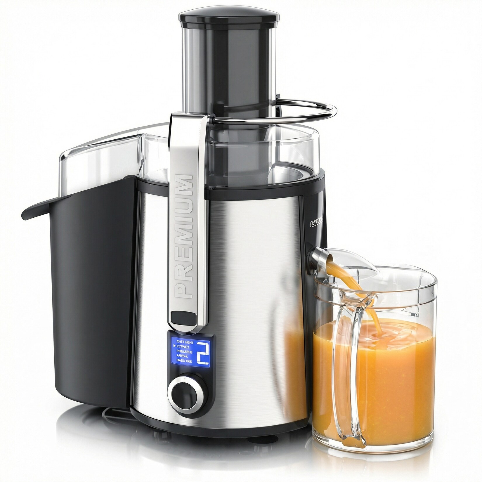 Arendo Zentrifugalentsafter für Obst und Gemüse, 1000 W, Edelstahlgehäuse, 5 Stufen, LCD-Display, 1 l Saftkrug und 2 l Tresterbehälter