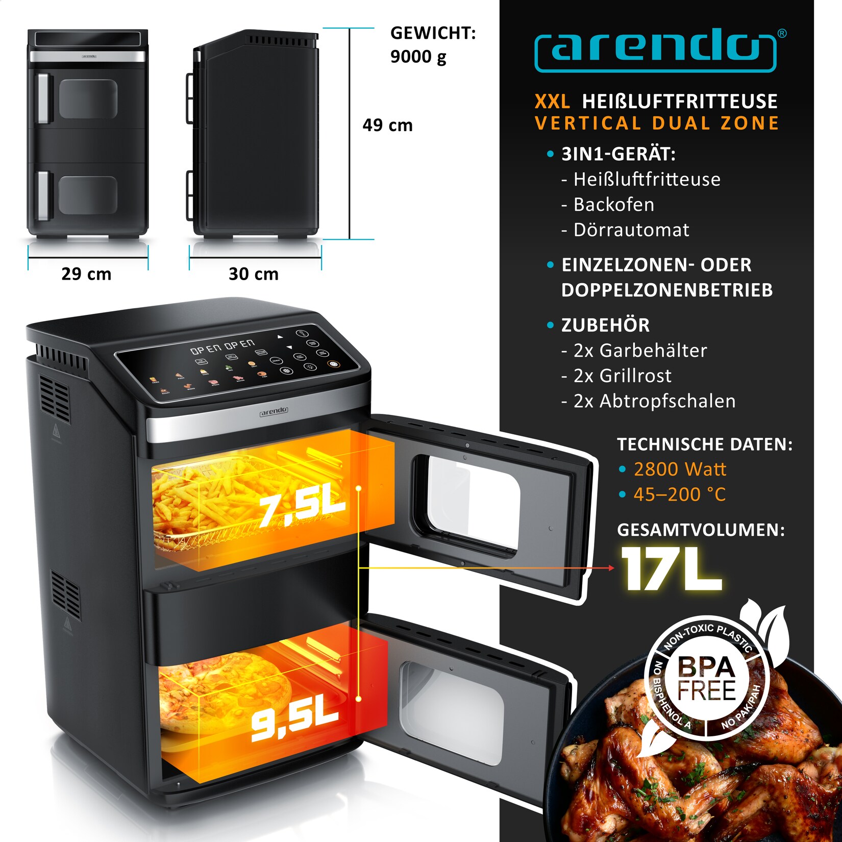 Arendo Heißluftfritteuse Doppelstock Dual Zone Airfryer & digitaler Mini-Backofen, 2800 W, mit Zubehör, Umluft Backofen, Sichtfenster