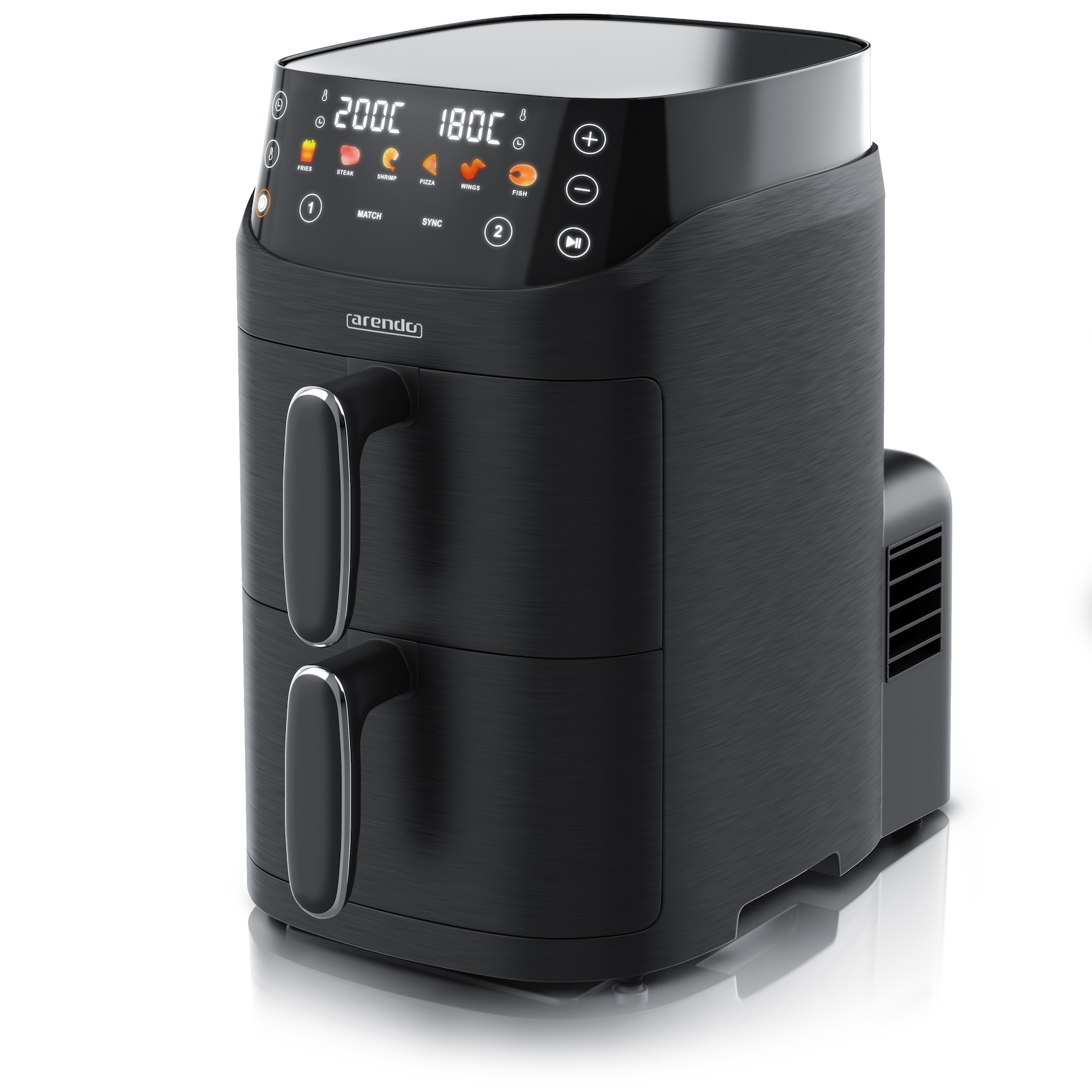 Arendo Doppelkammer-Heißluftfritteuse 5 l, 2 Kammern übereinander mit je 2,5 l, 2000 W, SYNC und MATCH, 6 Programme, Touchdisplay