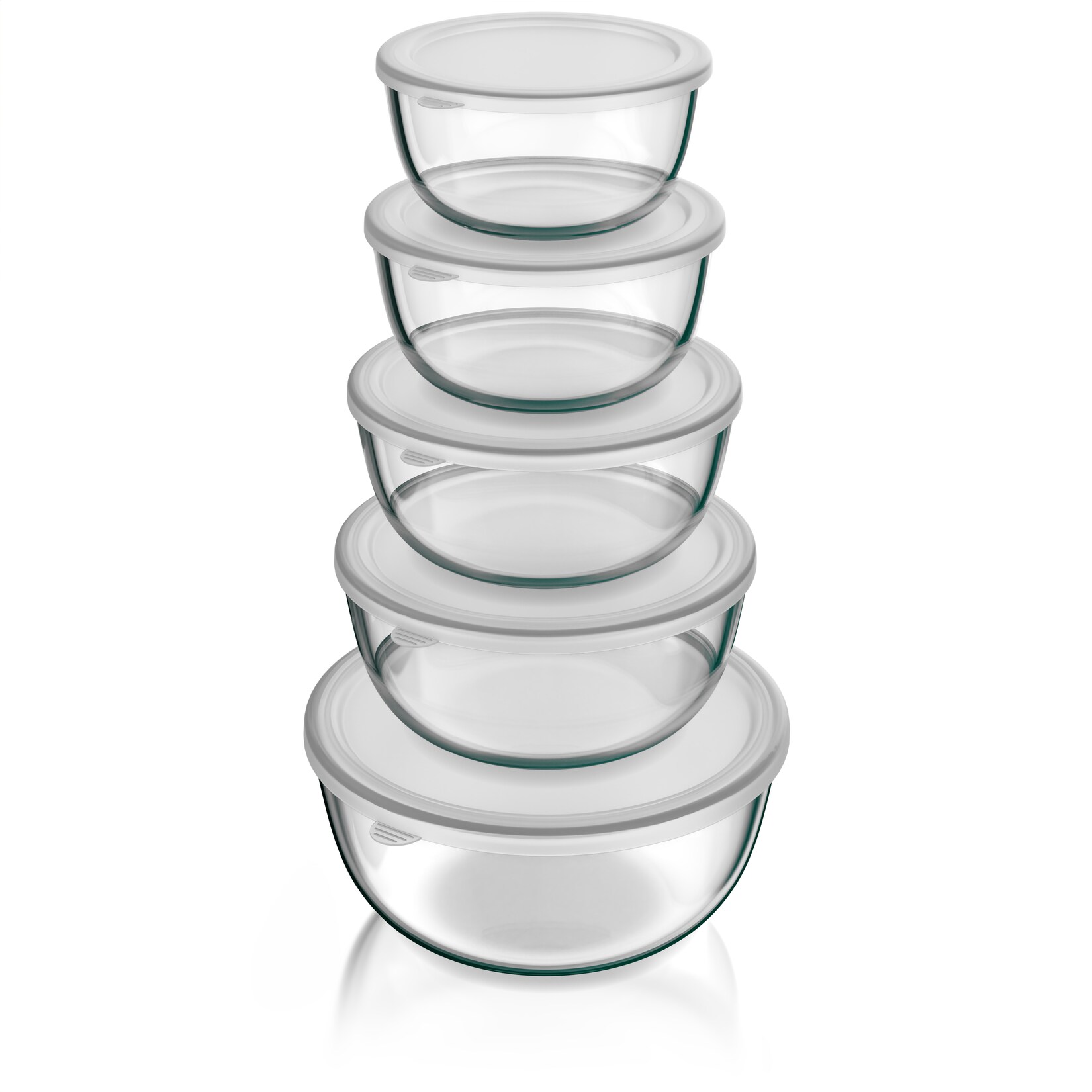 Arendo Glasschüssel-Set mit Deckeln, 5-teilig, 1/1,5/2/2,7/4,4 l, Borosilikatglas, stapelbare Salat- und Rührschüsseln