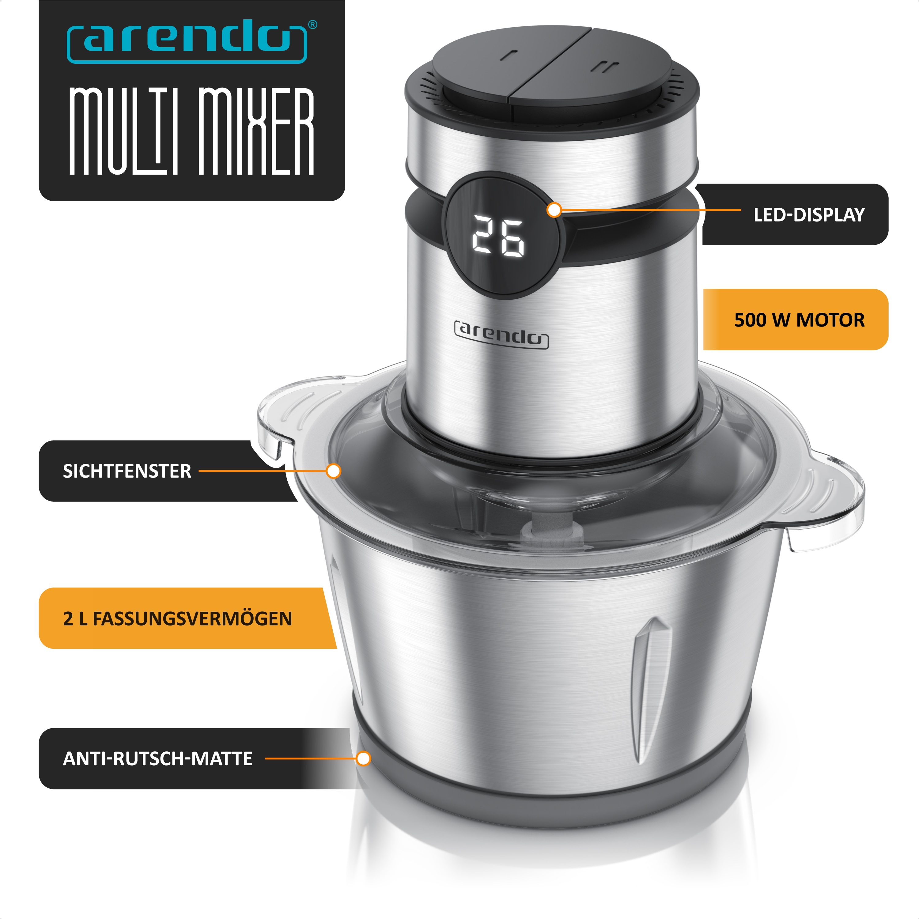 Arendo Zerkleinerer Elektrischer Multizerkleinerer für Fleisch Nüsse Obst Gemüse u.v.m., 500 W, Universalzerkleinerer 2L Edelstahlbehälter, Display online kaufen bei Netto