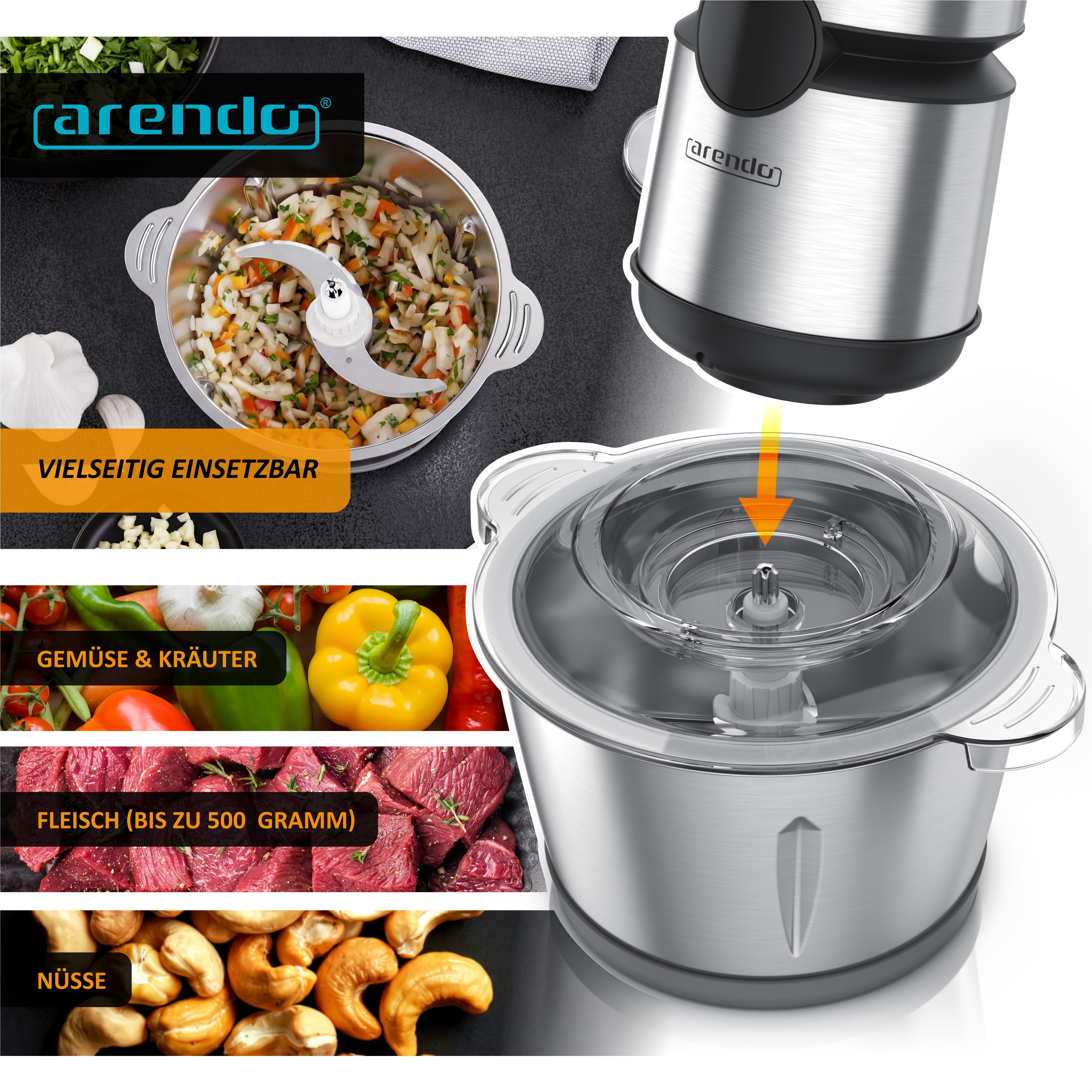 Arendo Zerkleinerer Elektrischer Multizerkleinerer für Fleisch Nüsse Obst Gemüse u.v.m., 500 W, Universalzerkleinerer 2L Edelstahlbehälter, Display online kaufen bei Netto