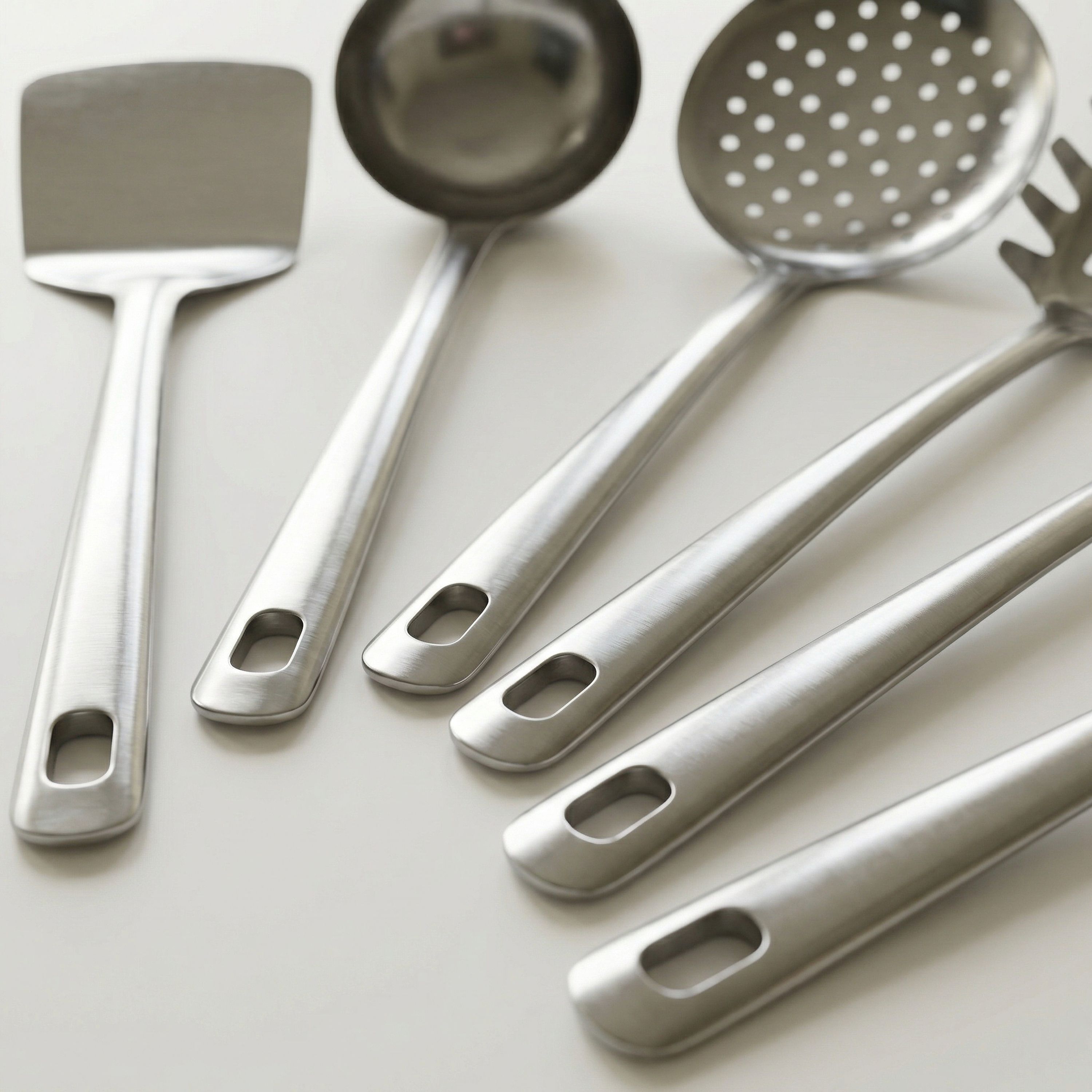 Arendo Küchenhelfer-Set aus Edelstahl, 6-teilig, Wender, Kelle und 4 Löffel, Aufhängeösen, hitzebeständig, spülmaschinengeeignet online kaufen bei Netto