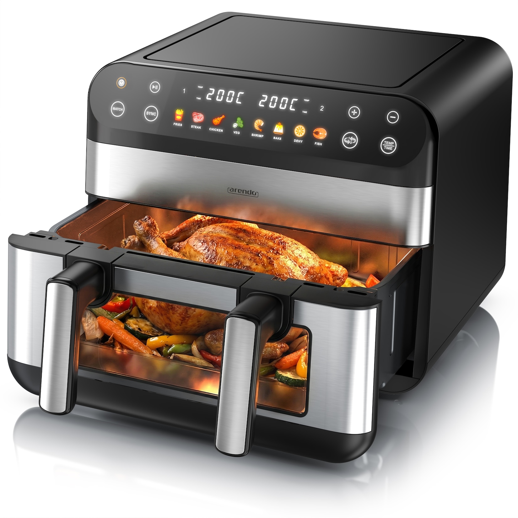 Arendo Heißluftfritteuse Airfryer XXL mit beleuchtetem Sichtfenster, Pre Heat & Turn-Food, 2400 W, mit Zubehör, Umluft Backofen, …