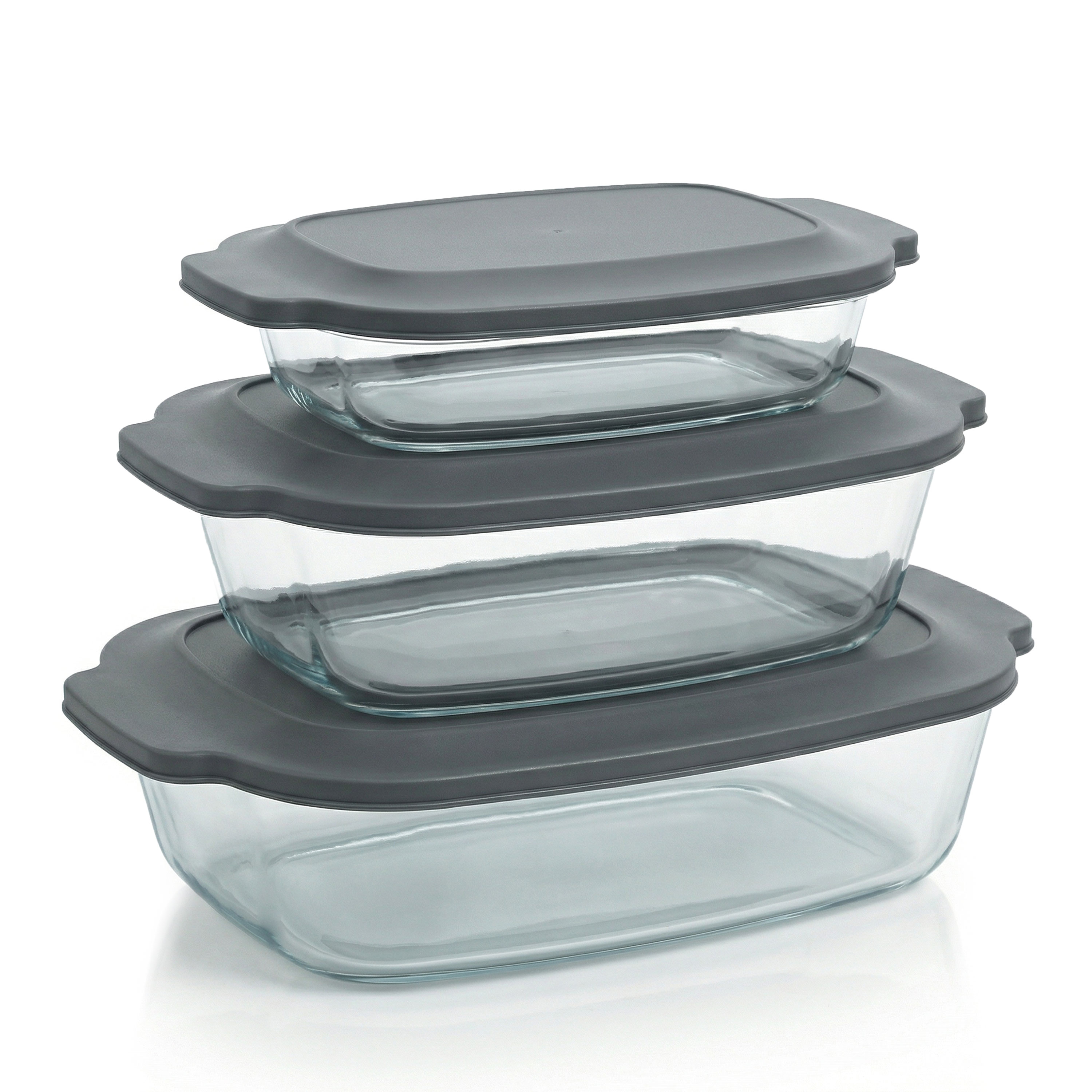Arendo Auflaufformen aus Borosilikatglas, 3er-Set mit 2 l, 2,7 l und 3,8 l, inklusive Kunststoffdeckeln, rechteckig und stapelbar - Bild 1