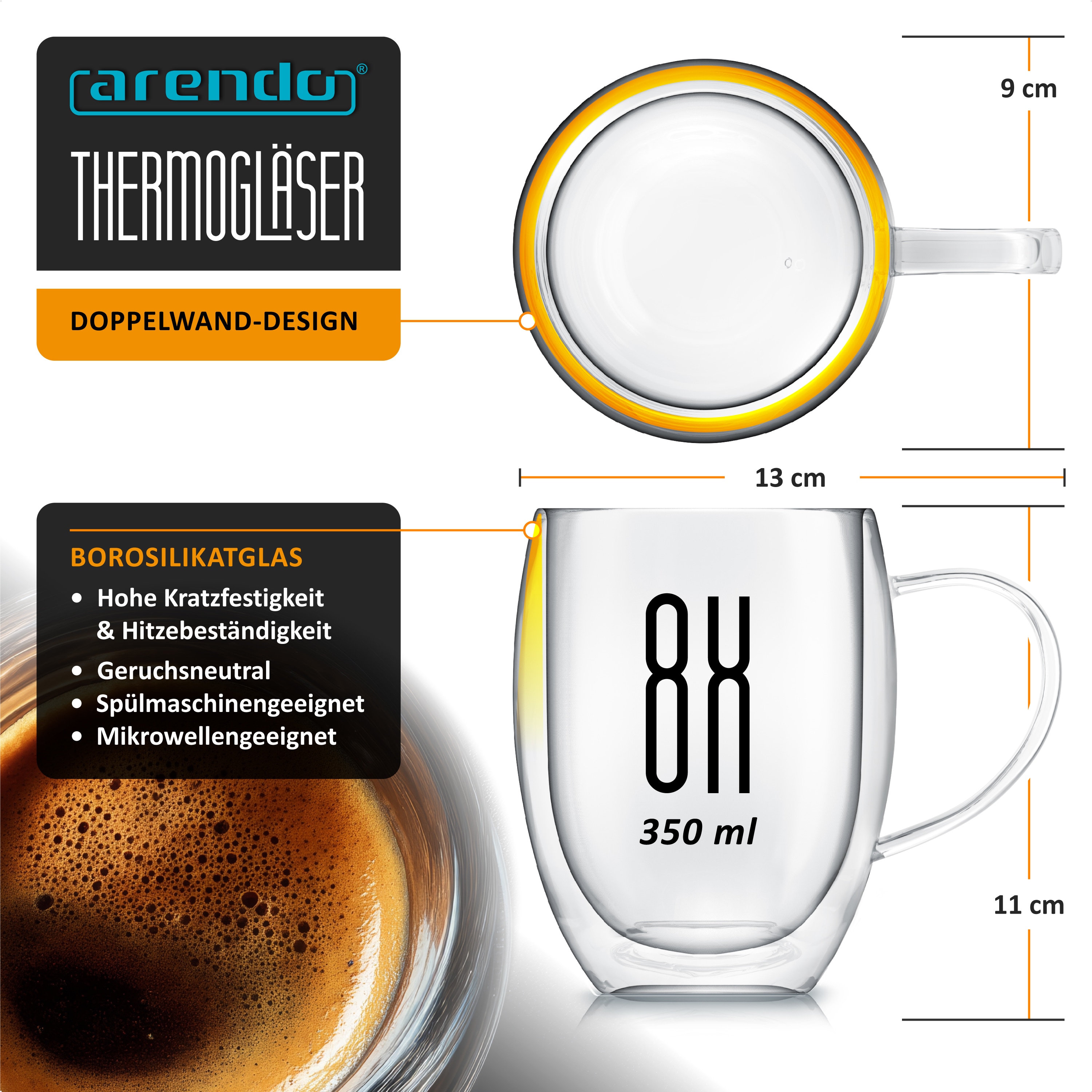 Arendo Thermogl&auml;ser 8er-Set, je 350 ml, doppelwandiges Borosilikatglas, mit Henkel, f&uuml;r Kaffee und Tee, sp&uuml;lmaschinen- und mikrowellengeeignet - Bild 1