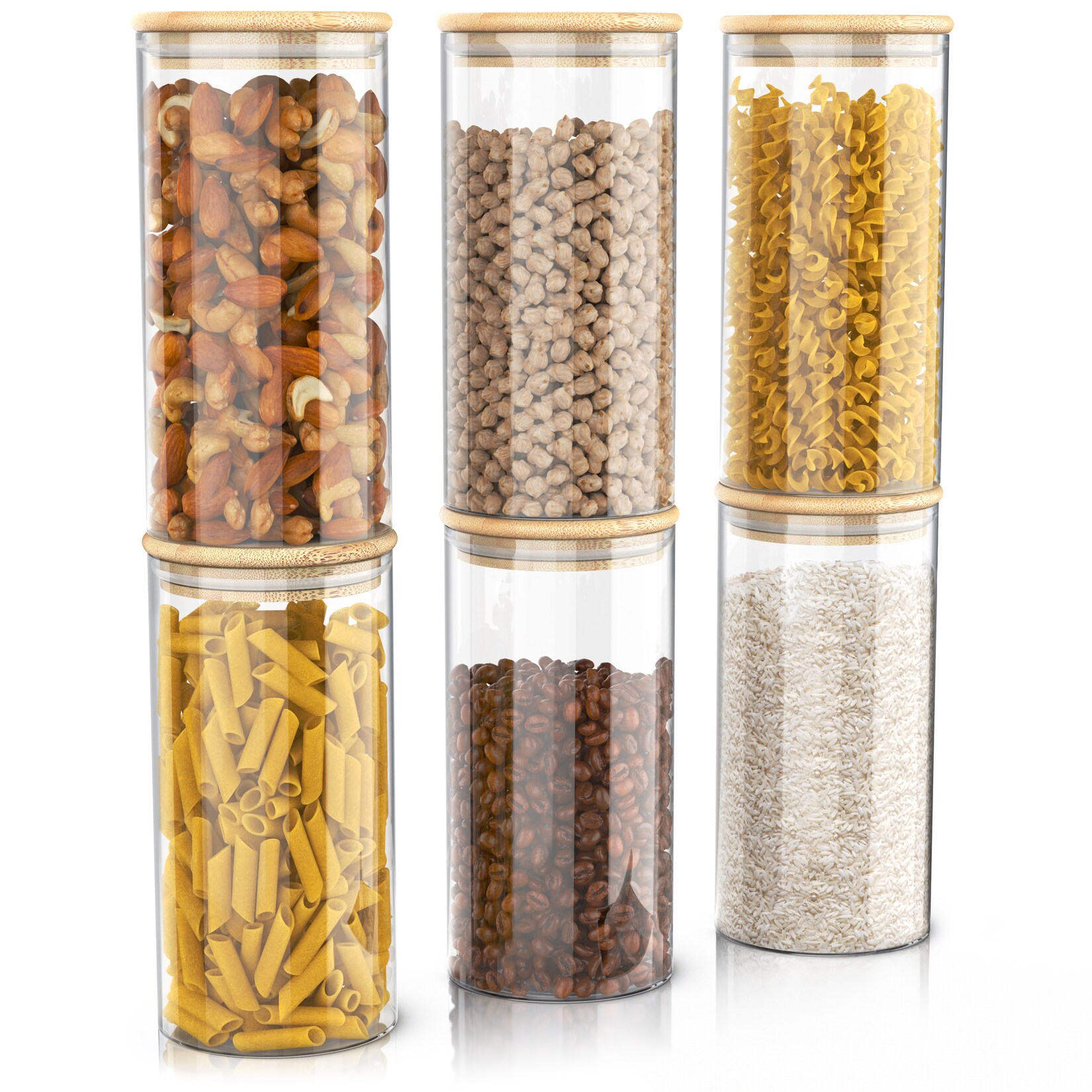 Arendo Vorratsgläser 6er-Set, je 2,2 l, rund, Borosilikatglas mit Bambusdeckel und Silikondichtung, luftdicht