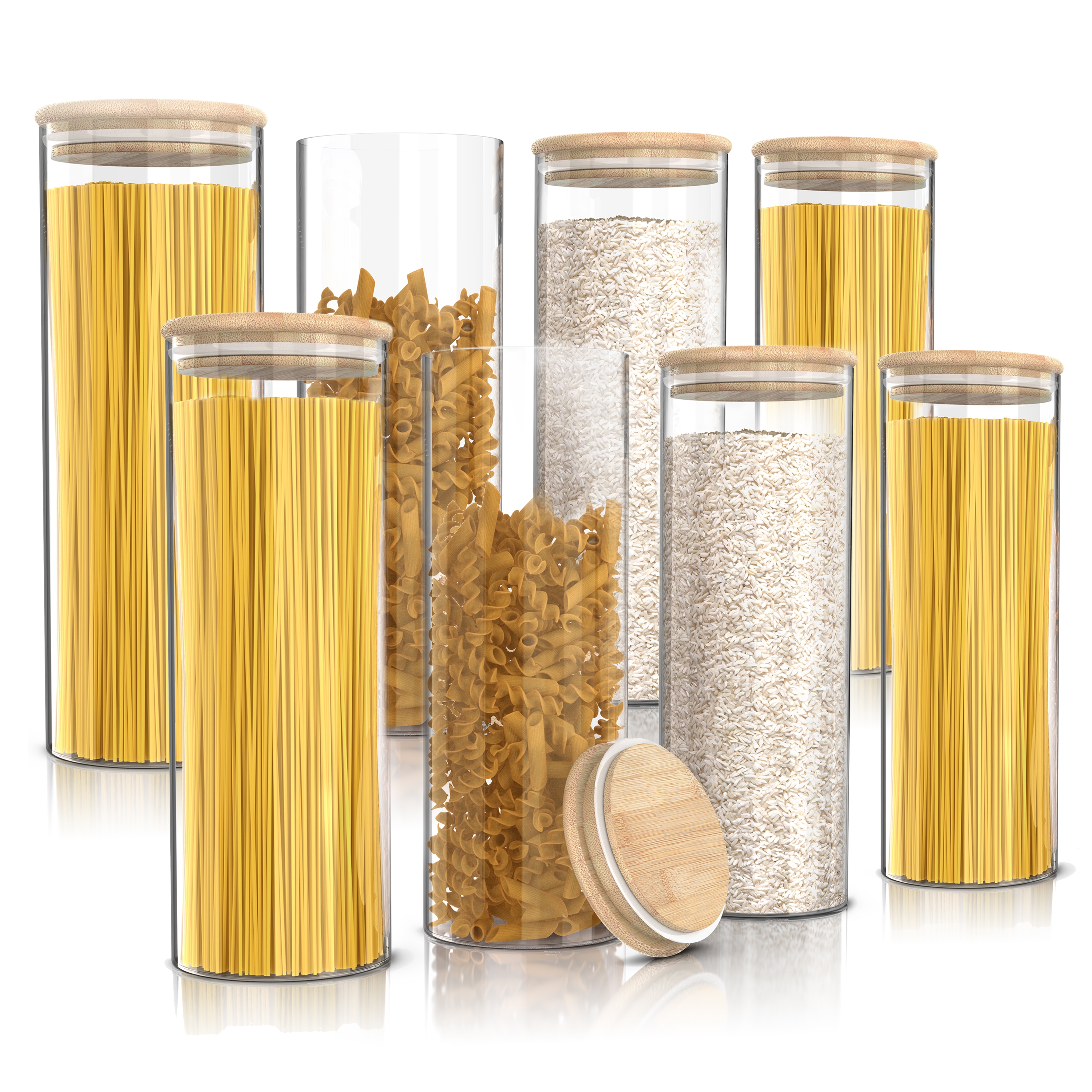 Arendo Vorratsgl&auml;ser 8er-Set, je 2,2 l, rund, Borosilikatglas mit Bambusdeckel und Silikondichtung, luftdicht - Bild 1