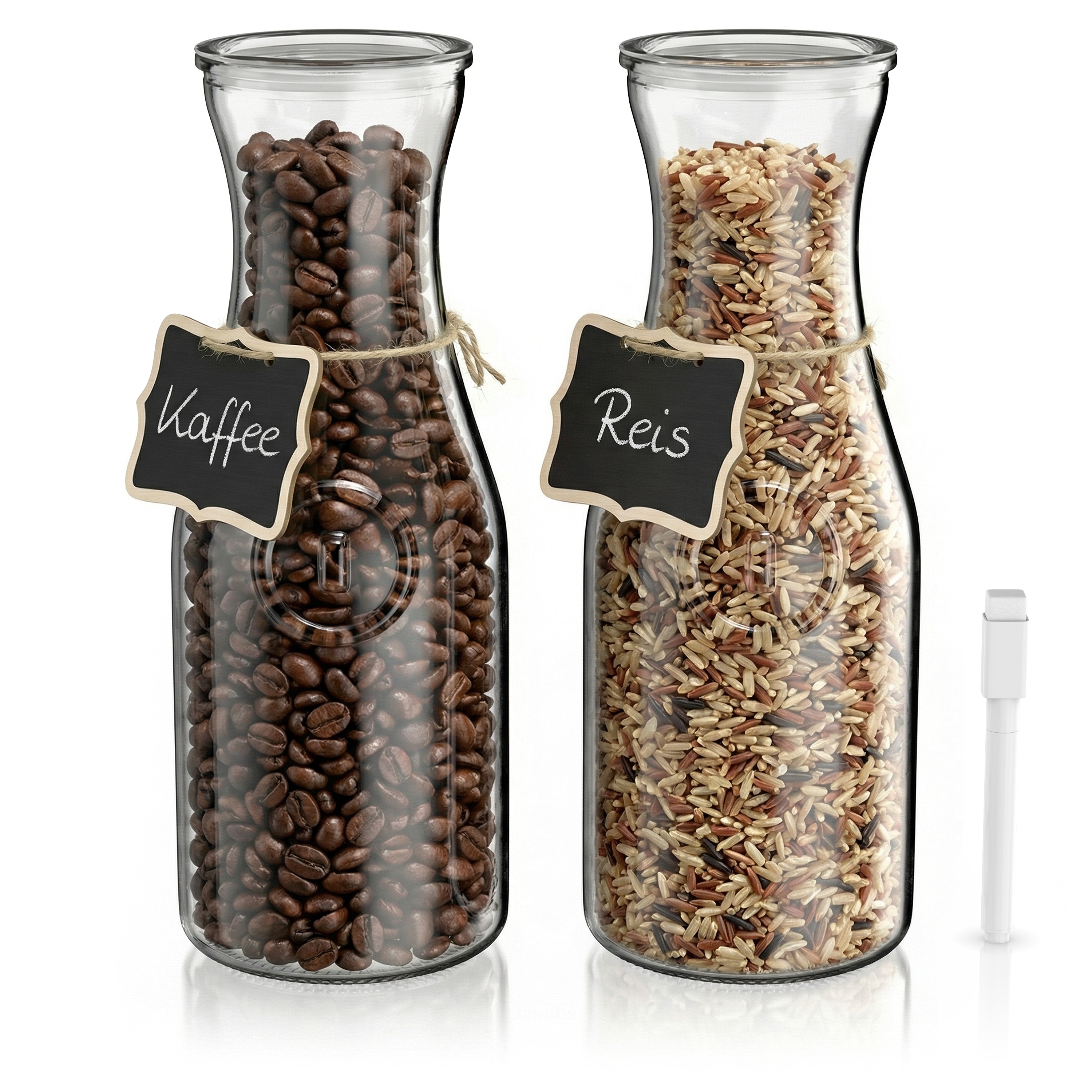 Arendo Glaskaraffe 2er Set, 1000 ml, mit Deckel und Silikondichtung, Wasserkaraffe, Glaskrug, inkl. 2 Holztafel-Etiketten, sp&uuml;lmaschinengeeignet - Bild 1