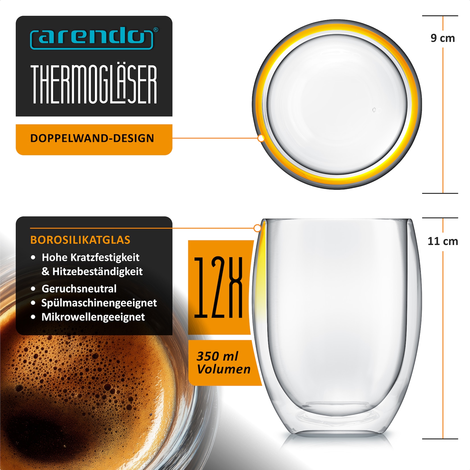 Arendo Thermogläser 12er-Set, je 350 ml, doppelwandiges Borosilikatglas, ohne Henkel, für Kaffee und Tee, spülmaschinen- und …
