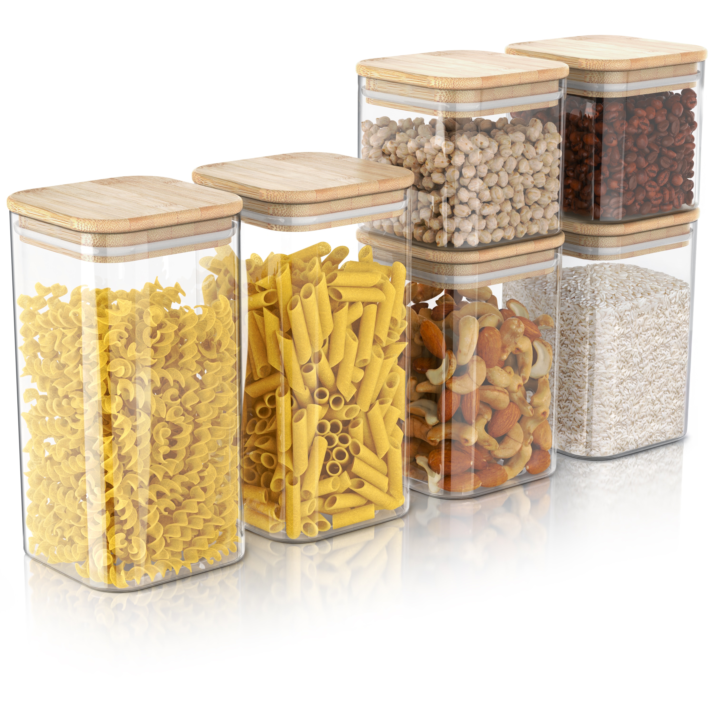 Arendo Aufbewahrungsbecher, Glasbeh&auml;lter 2x 2L, 2x 1,5L & 2x 1L Borosilikat Bambusdeckel luftdicht - Bild 1