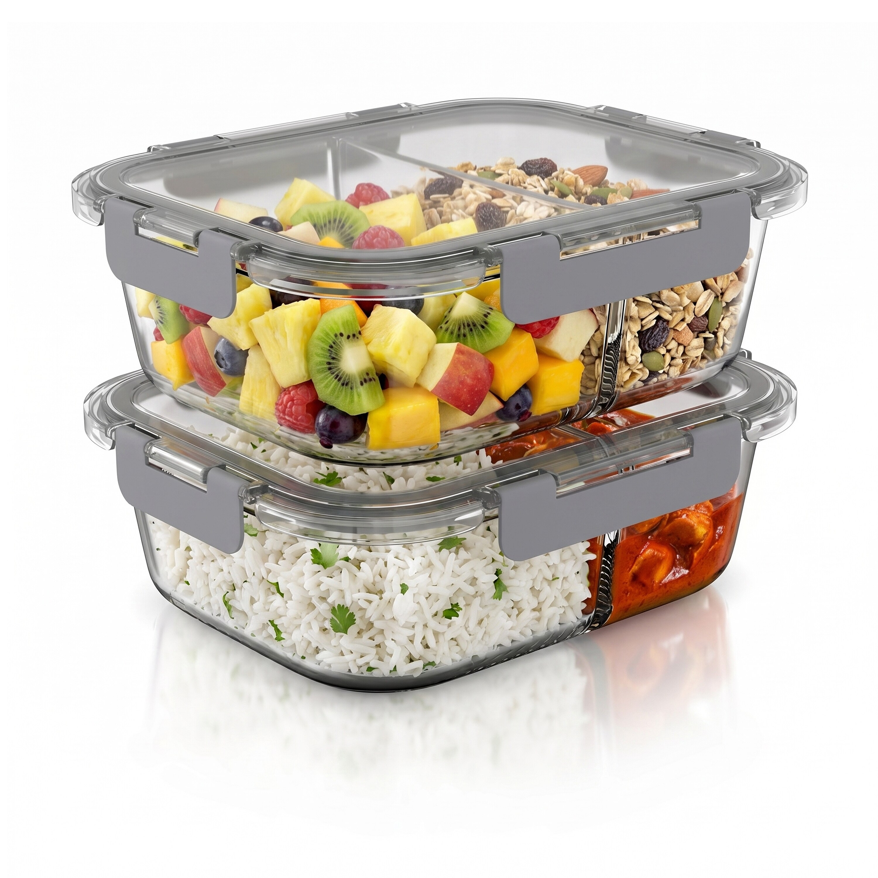 Arendo Frischhaltedose, 2 F&auml;cher, Deckel, 2er Set Glas Vorratsdosen, Lunchboxen, auslaufsicher, transparent - Bild 1