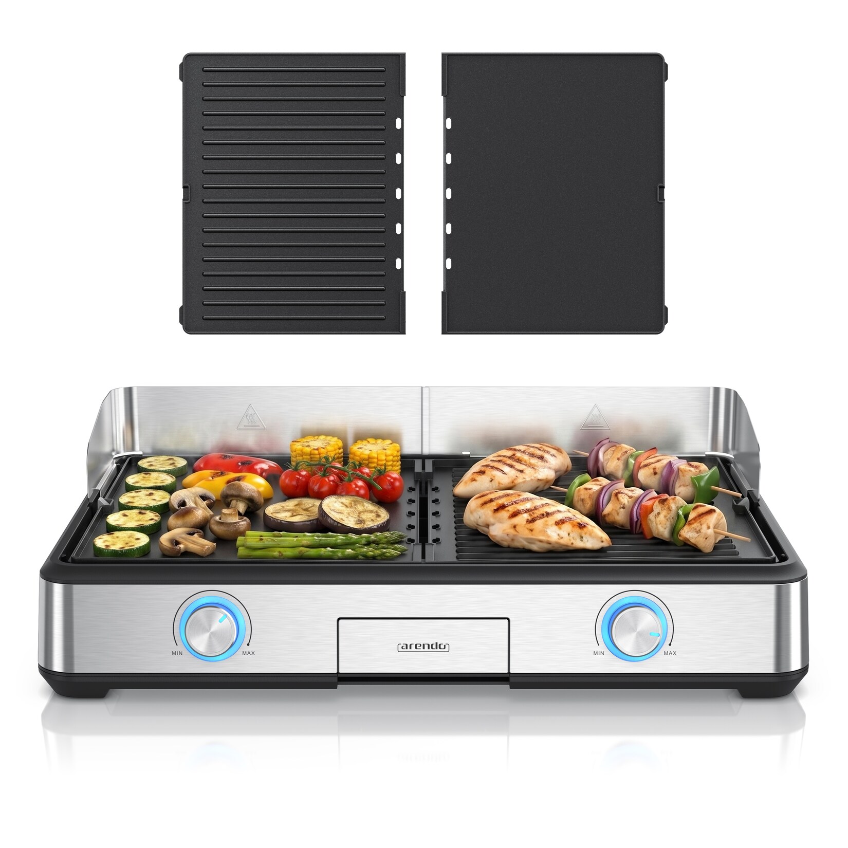 Arendo Tischgrill, Gourmet Edelstahl Elektrogrill, 2 Grillzonen, elektrisch, Spritzschutz, schwarz