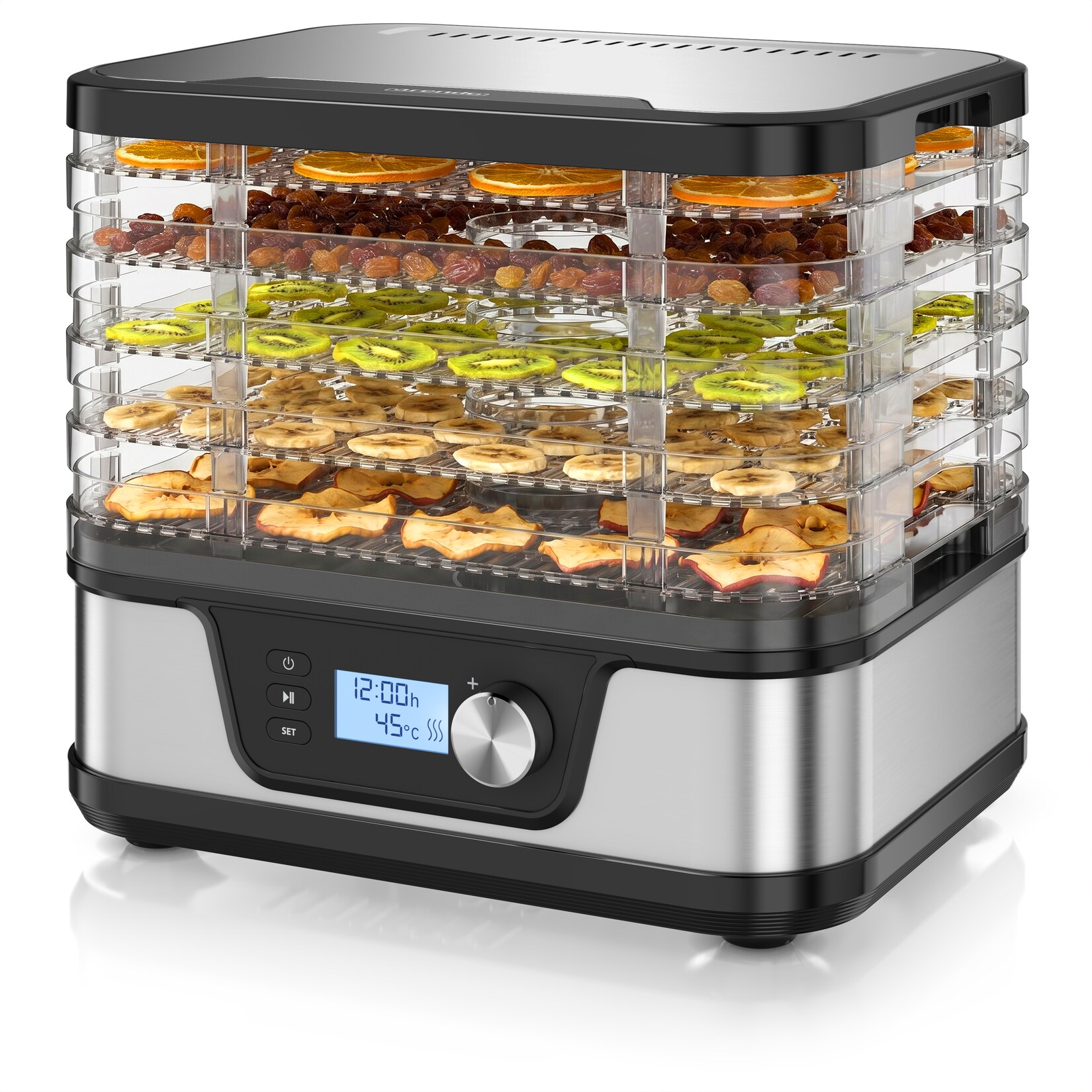 Arendo Dörrautomat, mit Temperaturregler, 5 Etagen, 35-75°C, Edelstahl, Dörrgerät, Display, edelstahlfarben