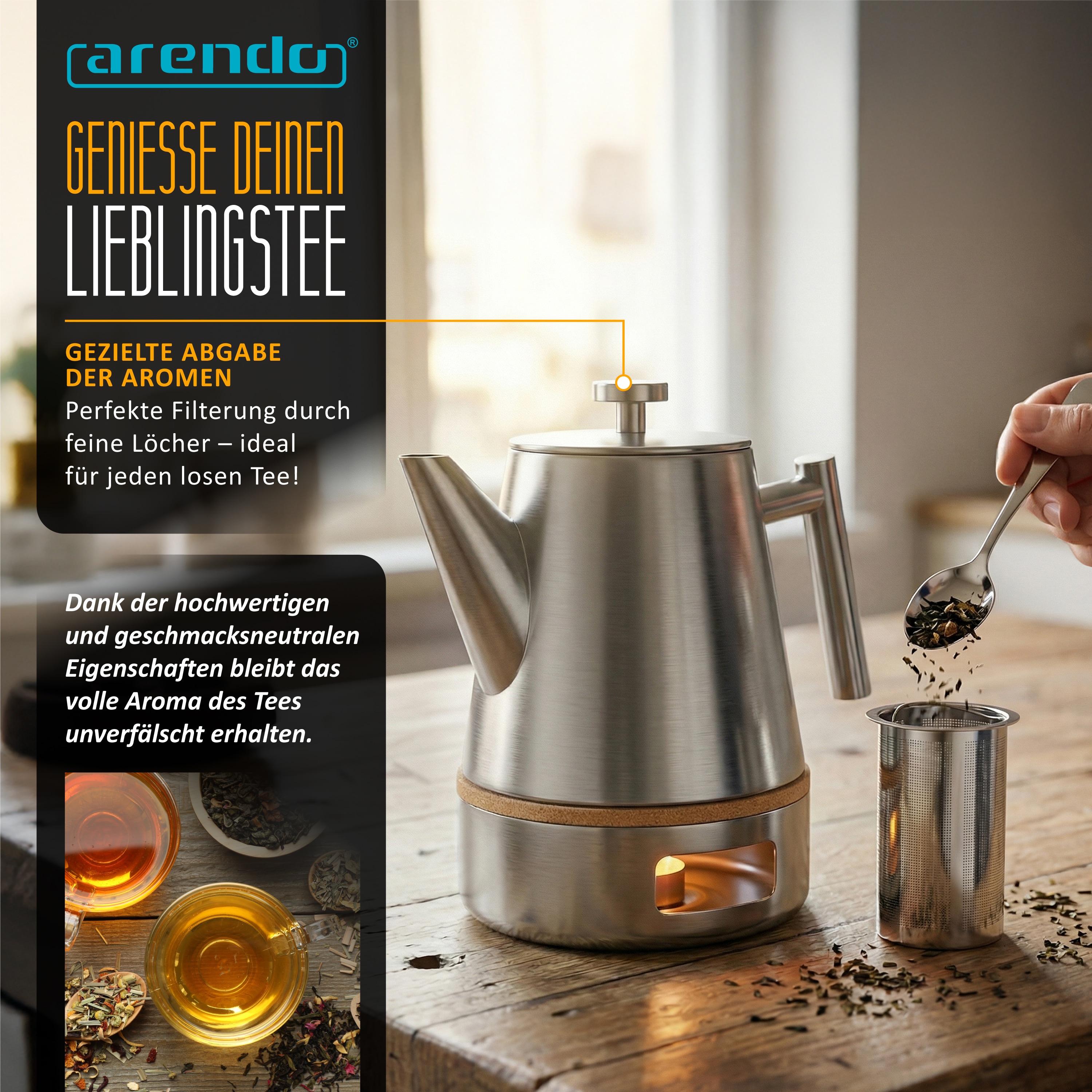 Arendo Teekanne, Edelstahl Isolierkanne mit Stövchen & Siebeinsatz, 1000ml, Metallgriff online kaufen bei Netto