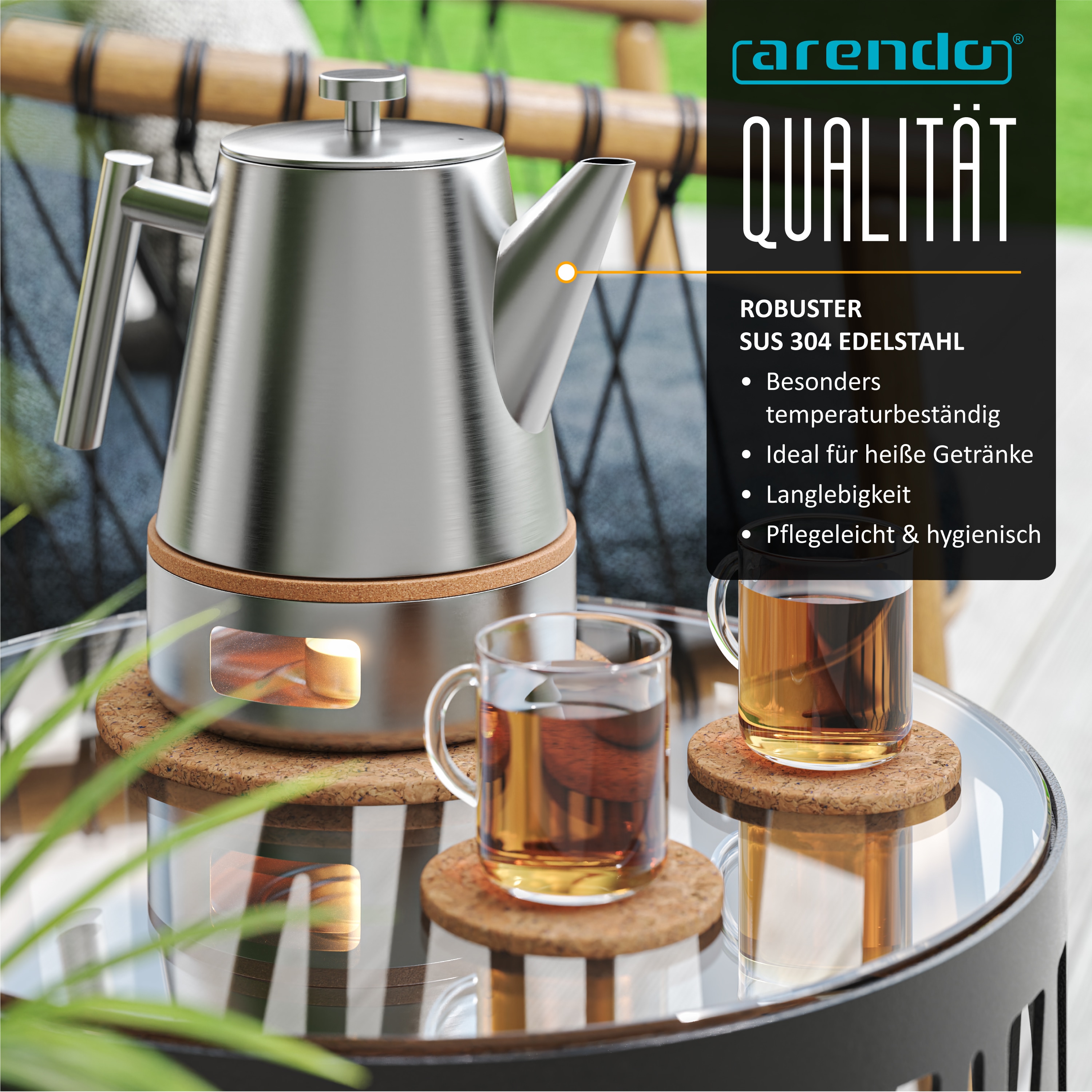 Arendo Teekanne, Edelstahl Isolierkanne mit Stövchen & Siebeinsatz, 1000ml, Metallgriff online kaufen bei Netto
