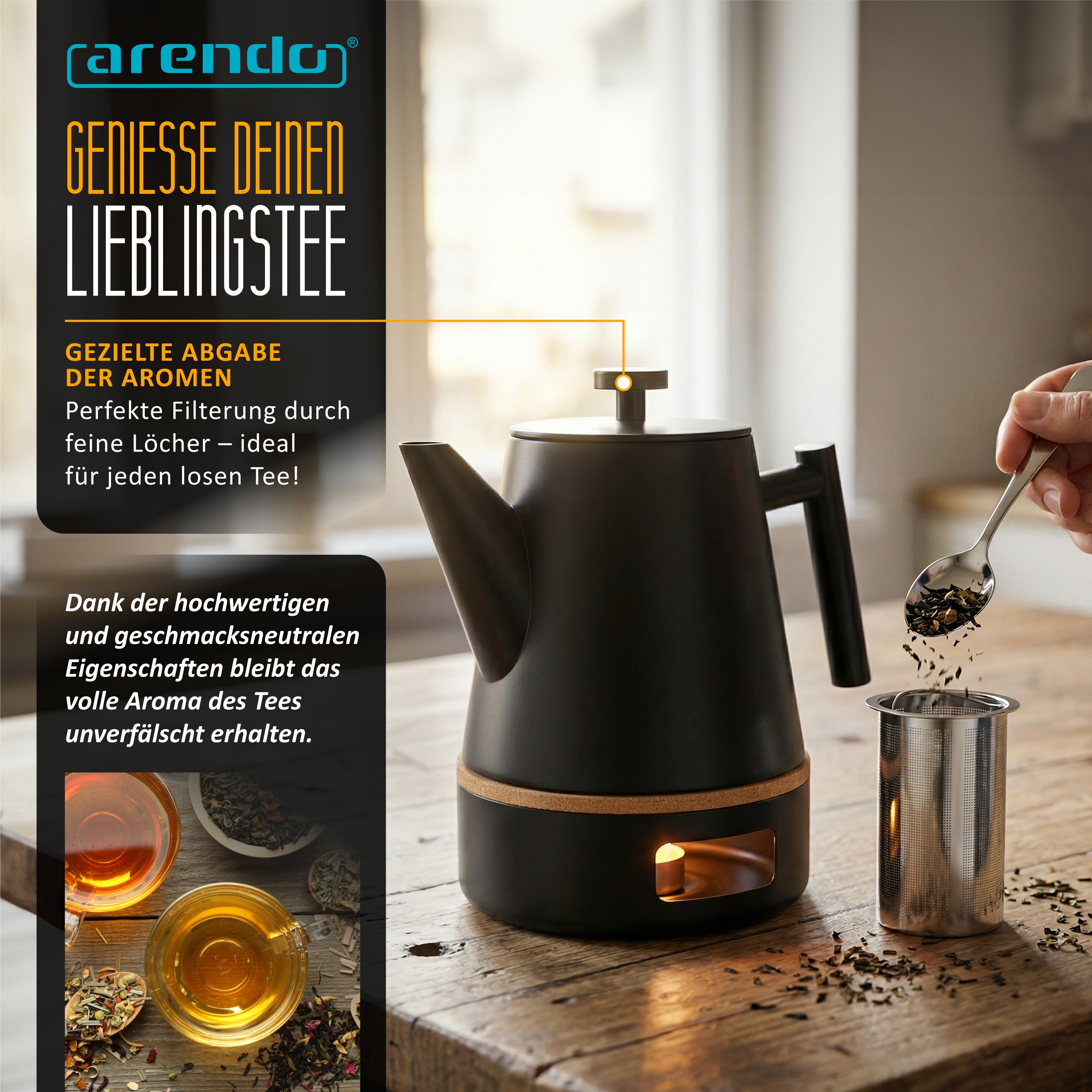 Arendo Teekanne, Edelstahl, Siebeinsatz, 1000 ml, mit Griff aus Metall, Isolierkanne, schwarz online kaufen bei Netto