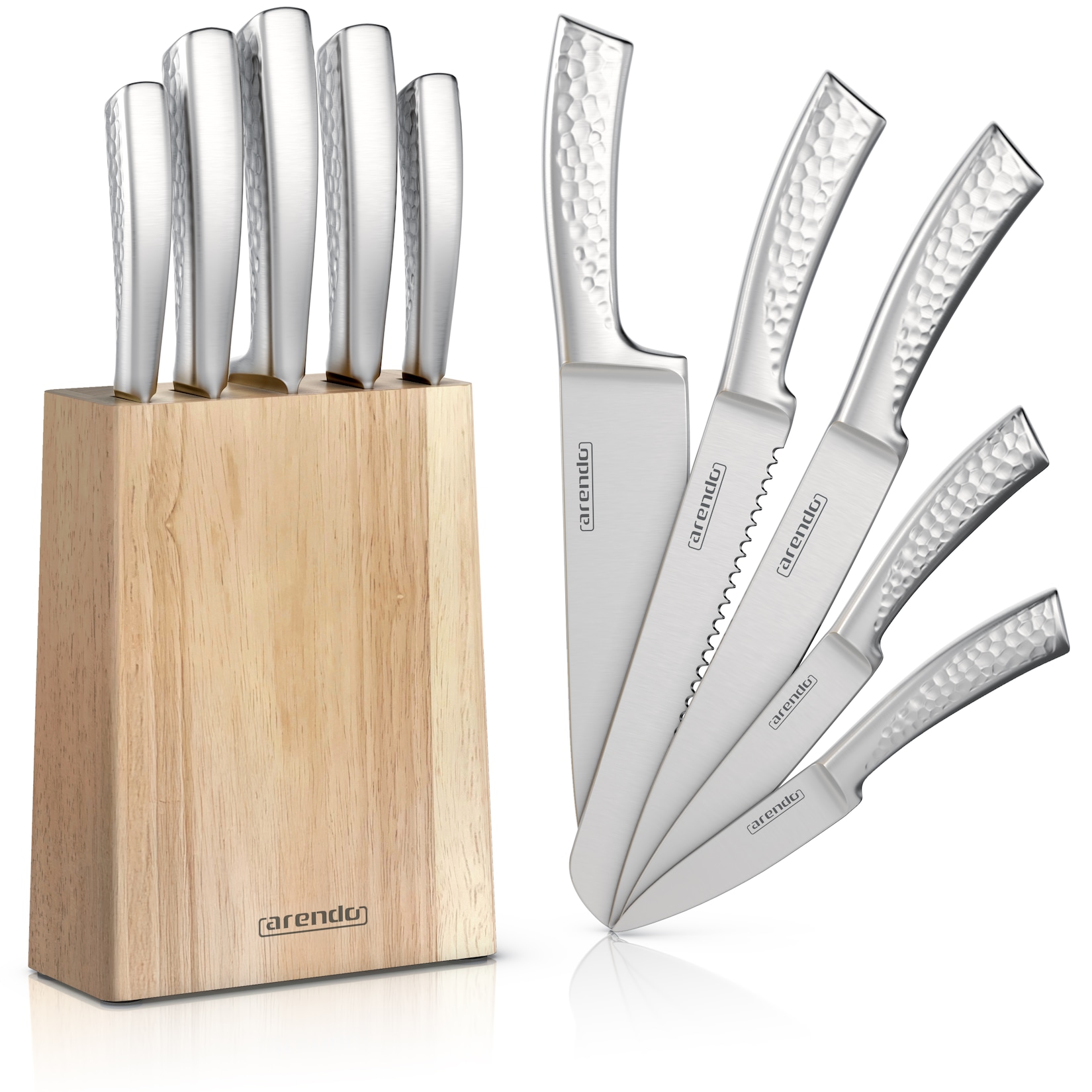 Arendo Messerblock, 5-teilig mit Messern aus Edelstahl, Holzblock, ergonomische Griffe, schwarz/silberfarben