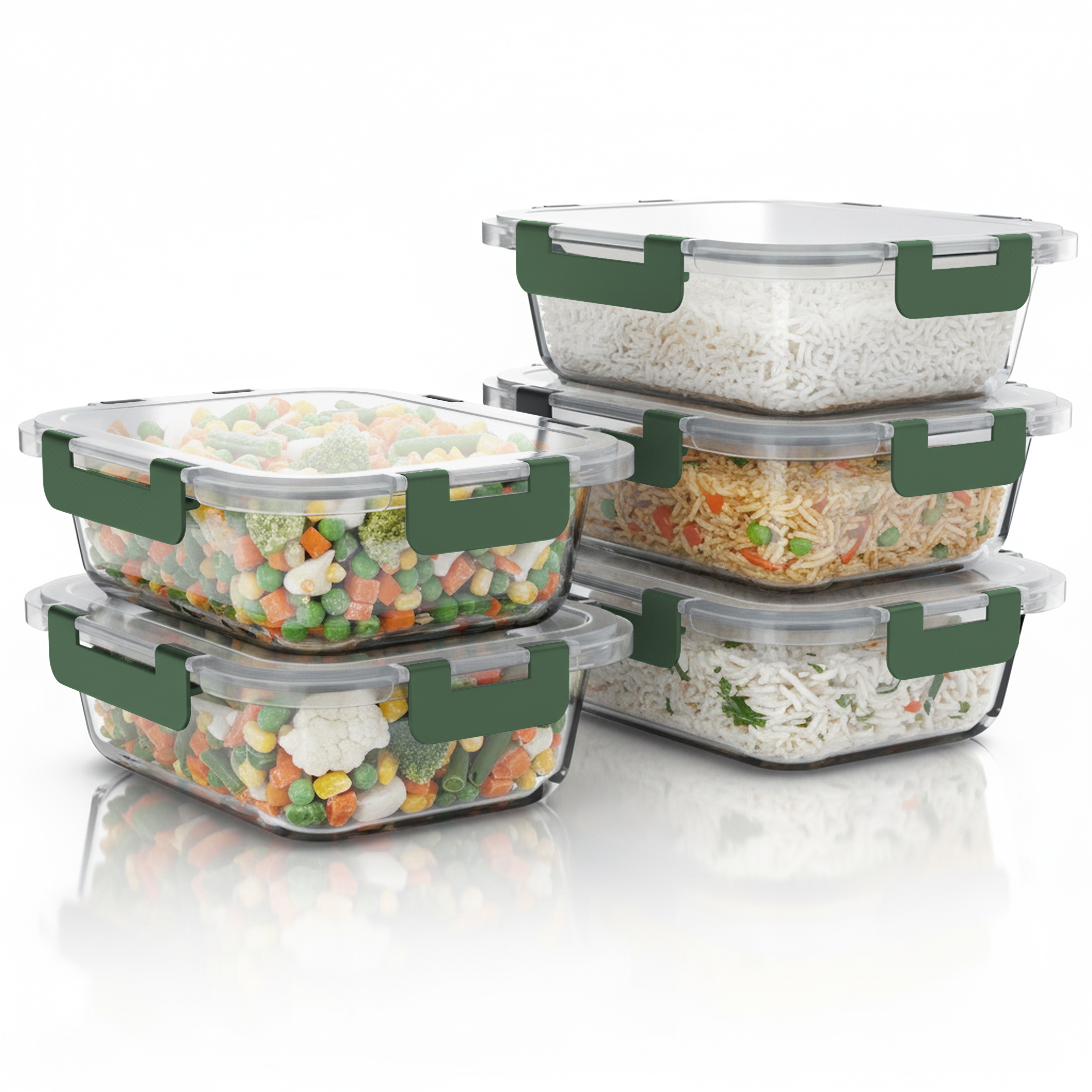 Arendo Frischhaltedose, mit Deckel 5er Set, Glas-Lunchboxen, Vorratsdosen, auslaufsicher, transparent/gr&uuml;n - Bild 1