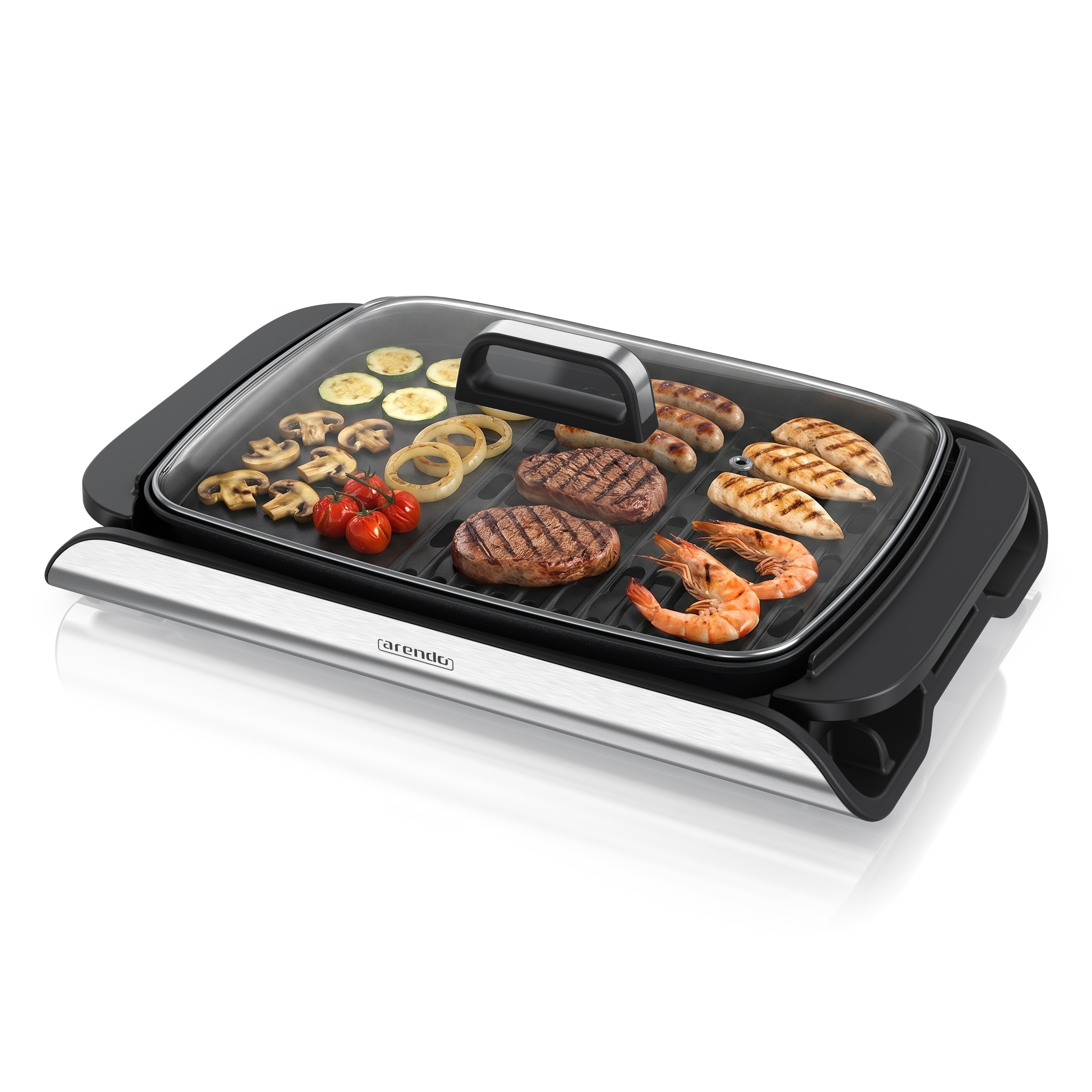 Arendo Tischgrill, Elektrogrill, Glasdeckel, Edelstahl, extrastark, Antihaftbeschichtet, schwarz - Bild 1