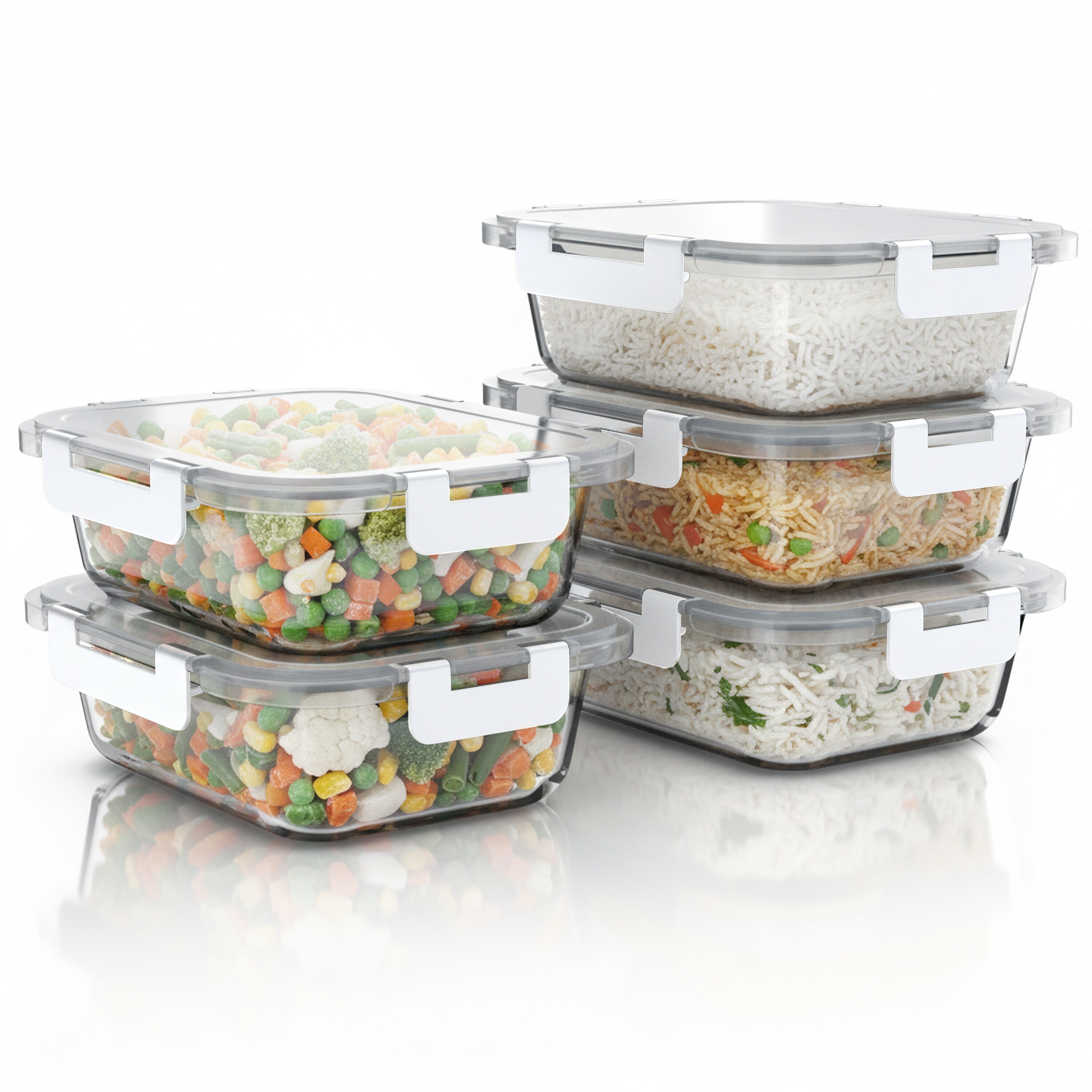 Arendo Frischhaltedose, mit Deckel 5er Set, Vorratsdosen, auslaufsicher, Glas-Lunchboxen, transparent/wei&szlig; - Bild 1