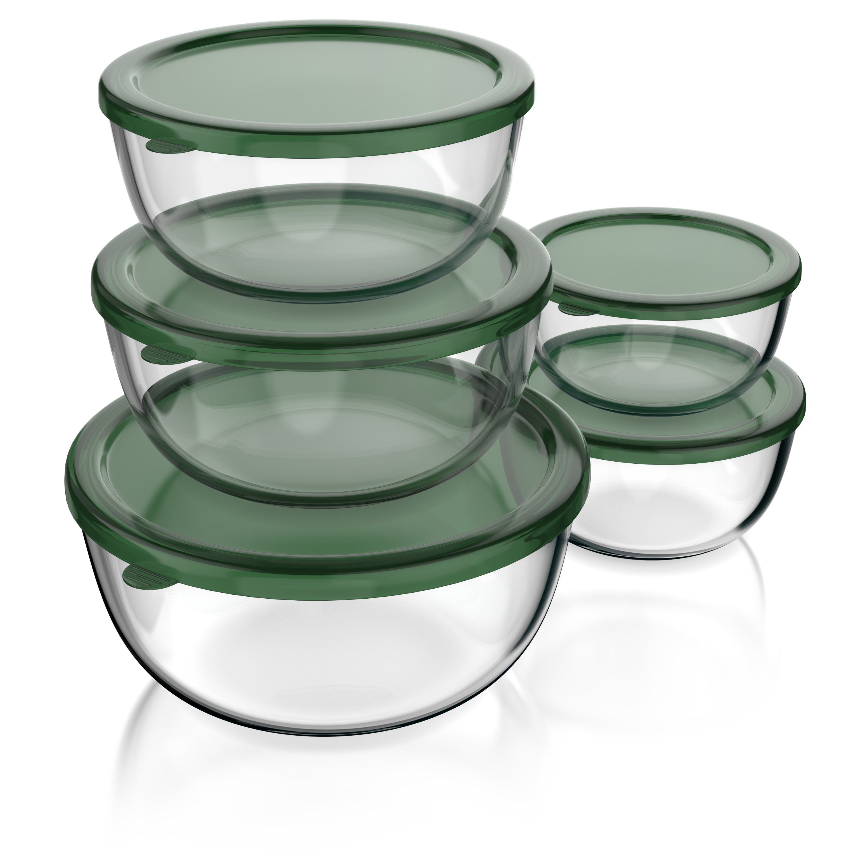 Arendo Salatsch&uuml;ssel, 5x Glassch&uuml;sseln + Deckel 1L, 1,5L, 2L, 2,7L & 4,4L, Glas R&uuml;hrsch&uuml;ssel, transparent/gr&uuml;n - Bild 1