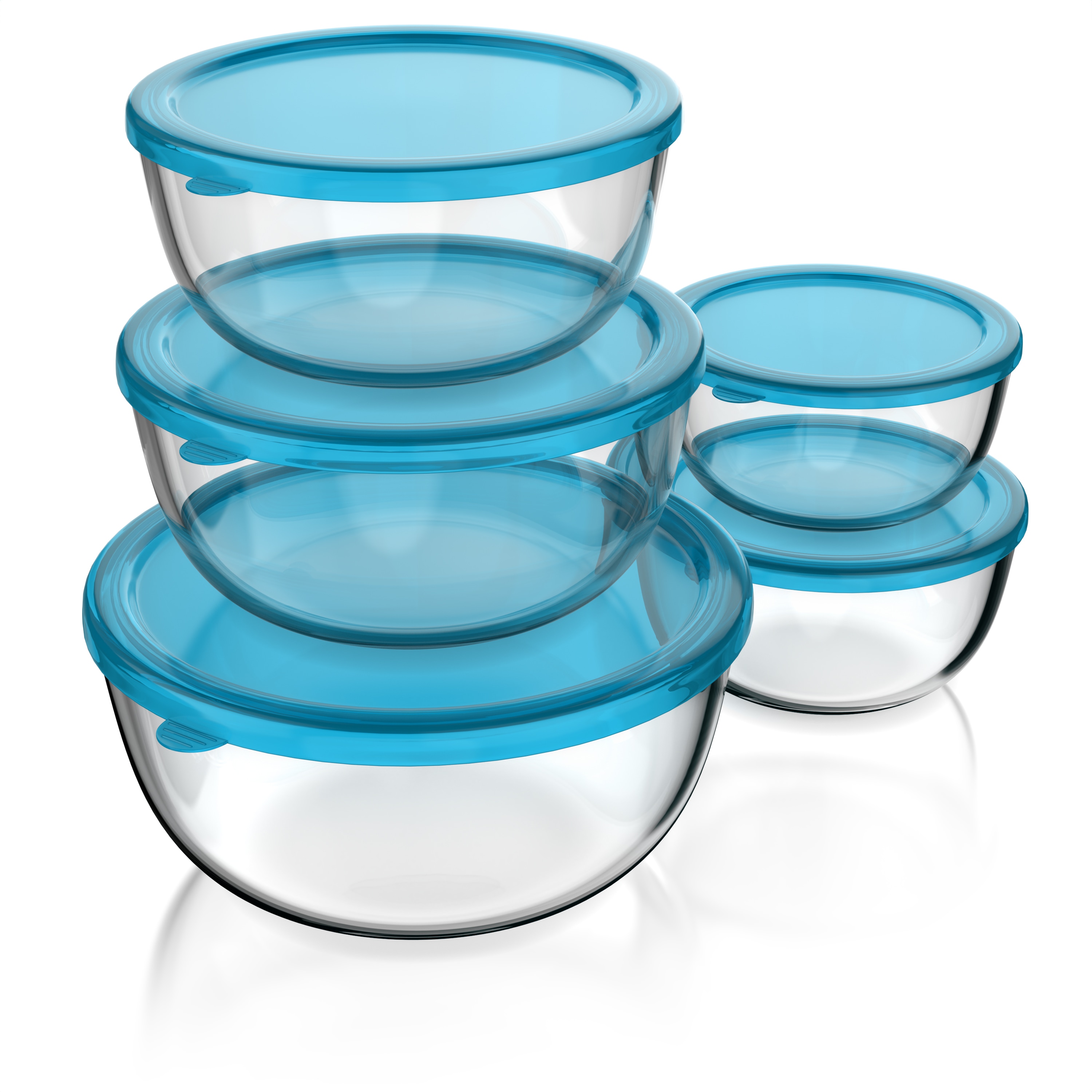 Arendo Salatsch&uuml;ssel, 5x Glassch&uuml;sseln + Deckel 1L, 1,5L, 2L, 2,7L & 4,4L, Glas R&uuml;hrsch&uuml;ssel, transparent/blau - Bild 1