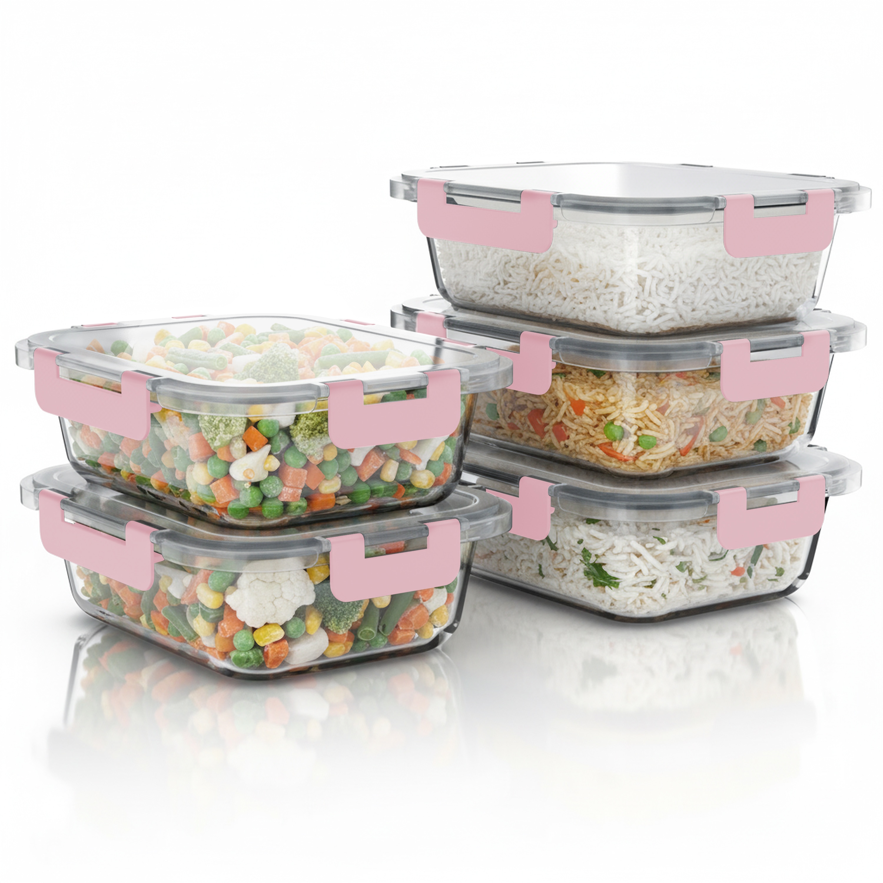 Arendo Frischhaltedose, mit Deckel 5er Set, Vorratsdosen, Glas-Lunchboxen, auslaufsicher, transparent/rosa - Bild 1