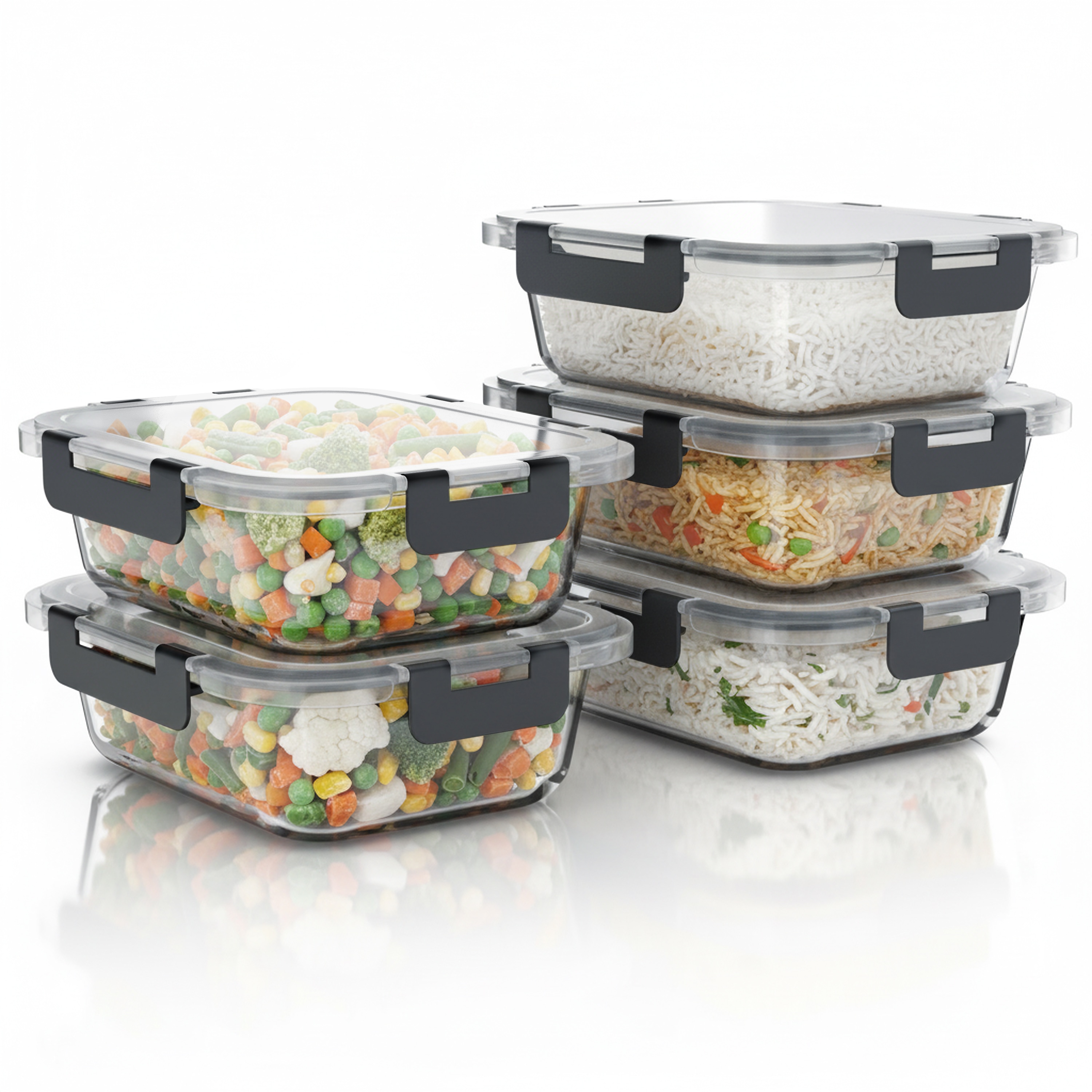 Arendo Frischhaltedose, mit Deckel 5er Set, Vorratsdosen, Glas-Lunchboxen, auslaufsicher, transparent/schwarz - Bild 1