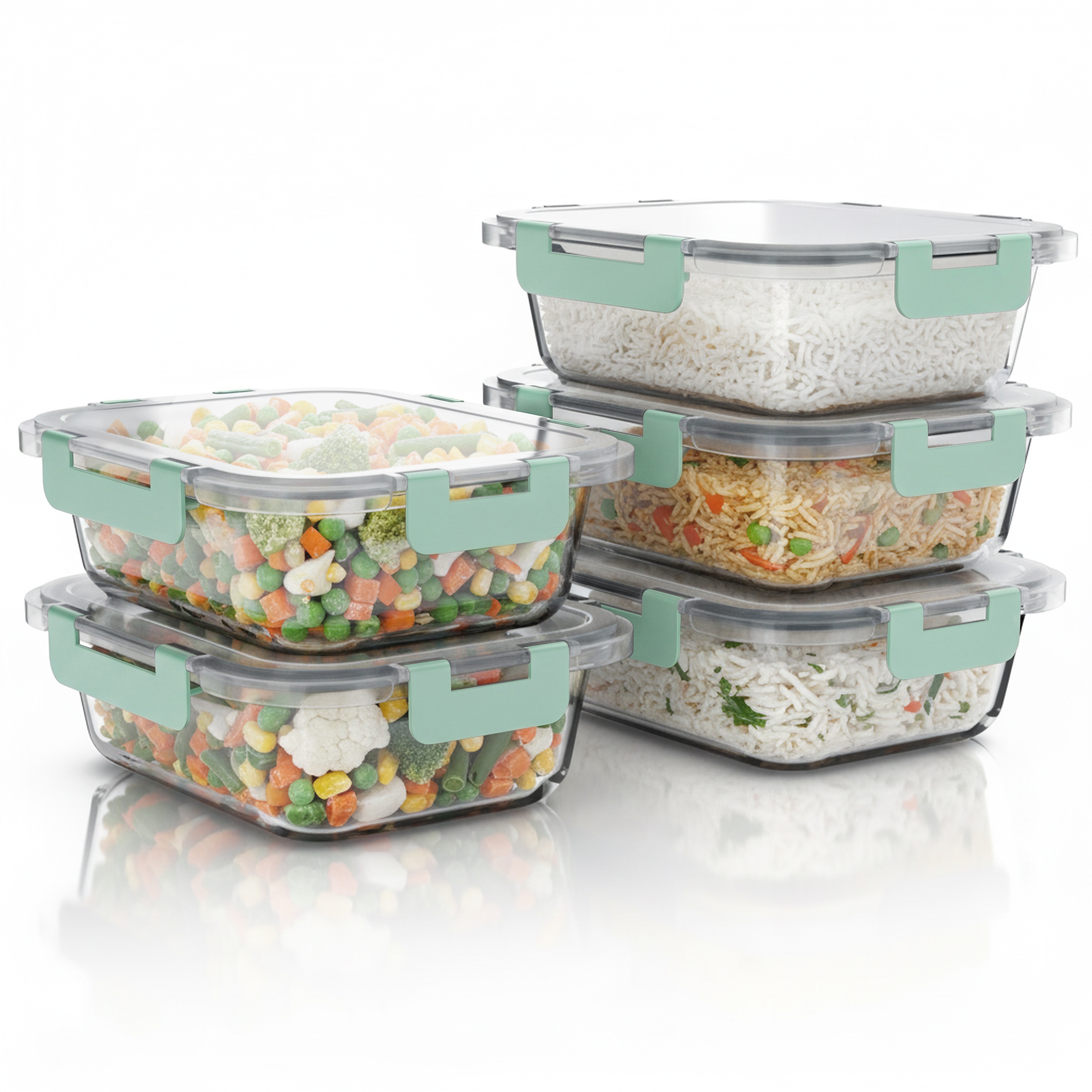 Arendo Frischhaltedose, mit Deckel 5er Set, Vorratsdosen, Glas-Lunchboxen, auslaufsicher, transparent/mint - Bild 1