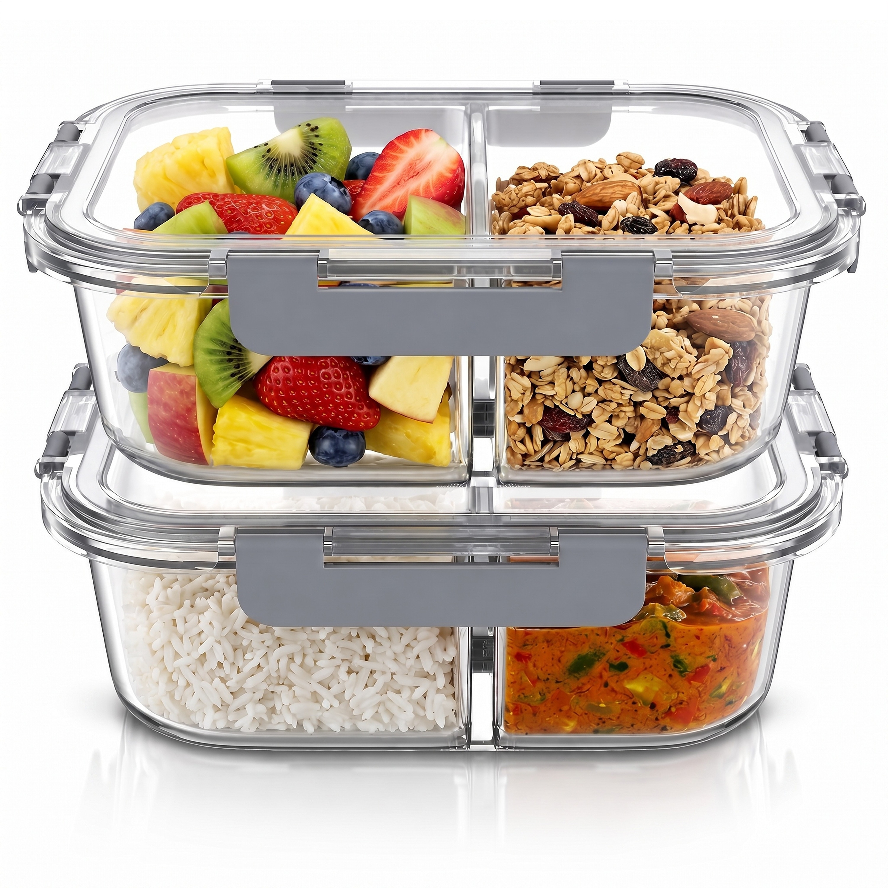Arendo Frischhaltedose, 2er Set Glas Vorratsdosen, 2 F&auml;cher, Lunchboxen, auslaufsicher, Deckel, transparent - Bild 1