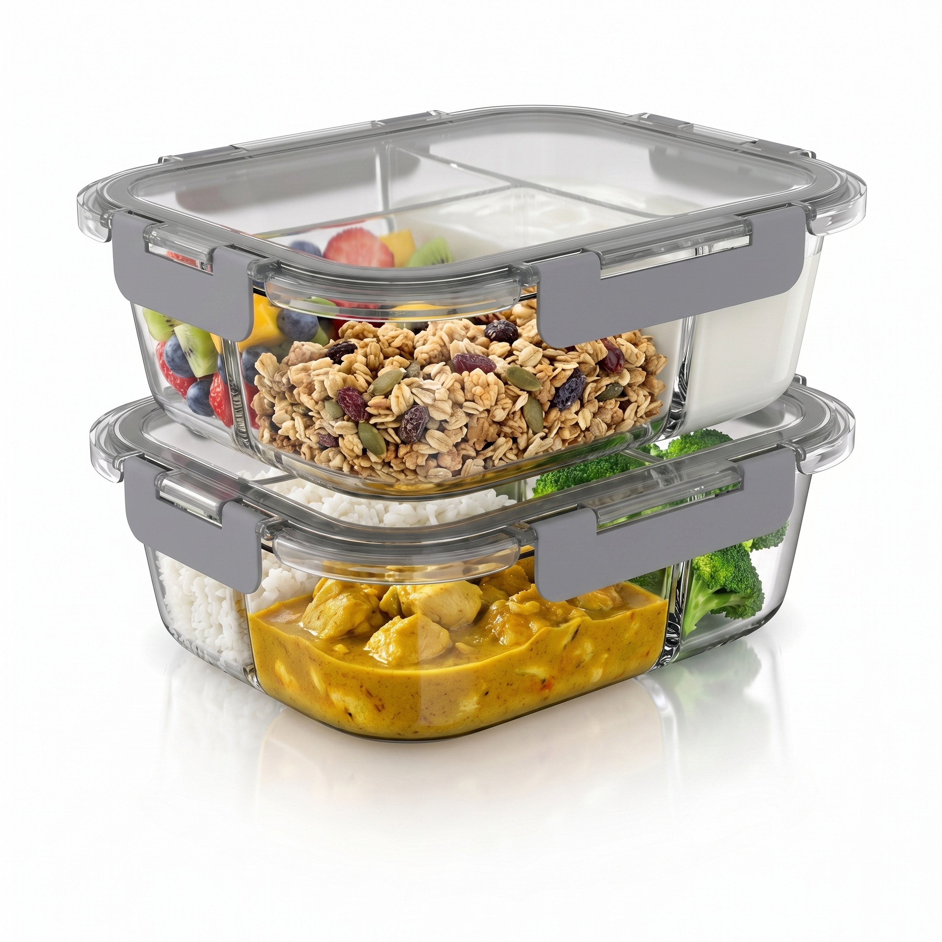 Arendo Frischhaltedose, 2er Set Glas Vorratsdosen, 3 F&auml;cher, Lunchboxen, auslaufsicher, Deckel, transparent - Bild 1