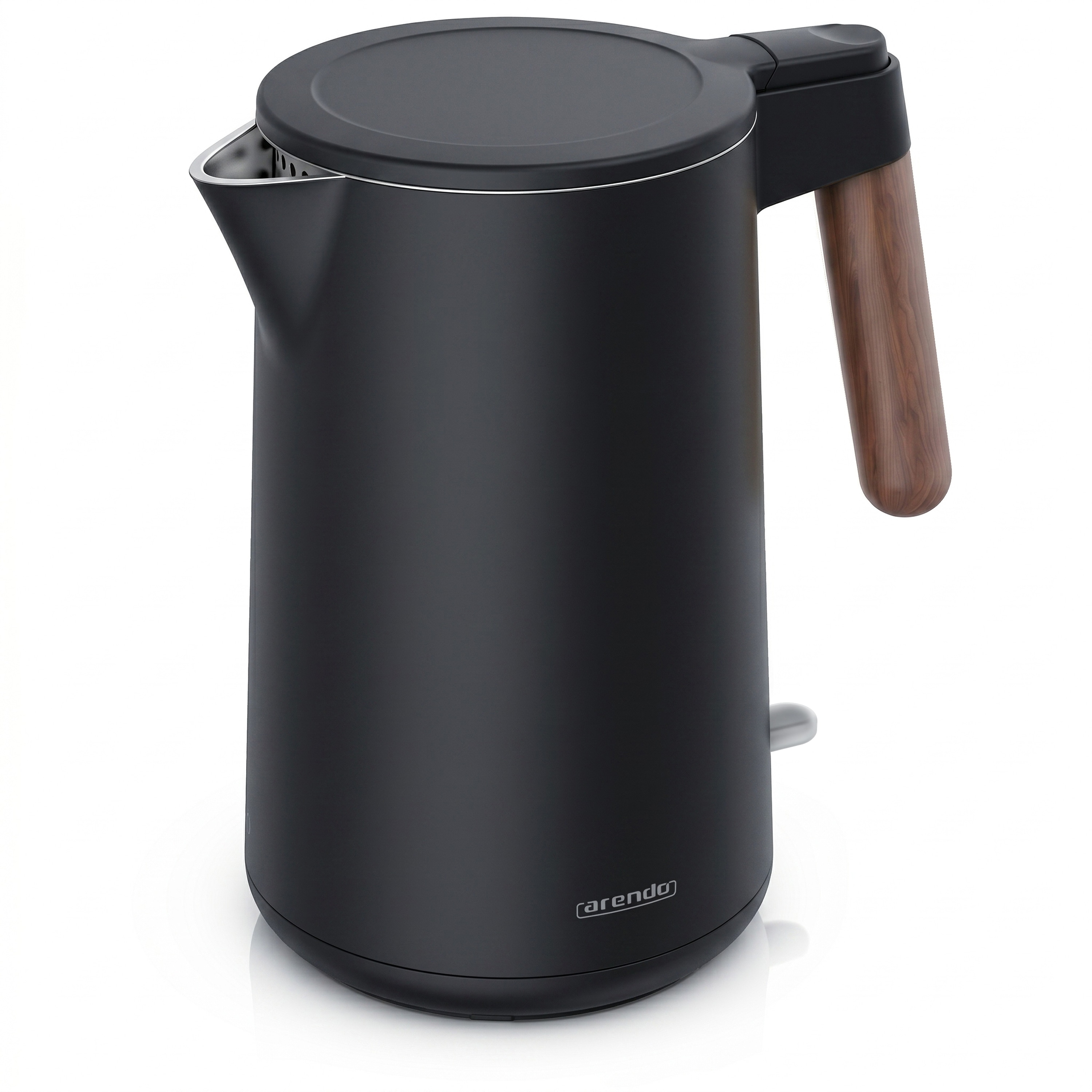 Arendo Wasserkocher 1,5 L, 2200 W, Edelstahl doppelwandig, Cool-Touch, 360&deg;-Basis, dunkler Holzgriff, schwarz - Bild 1