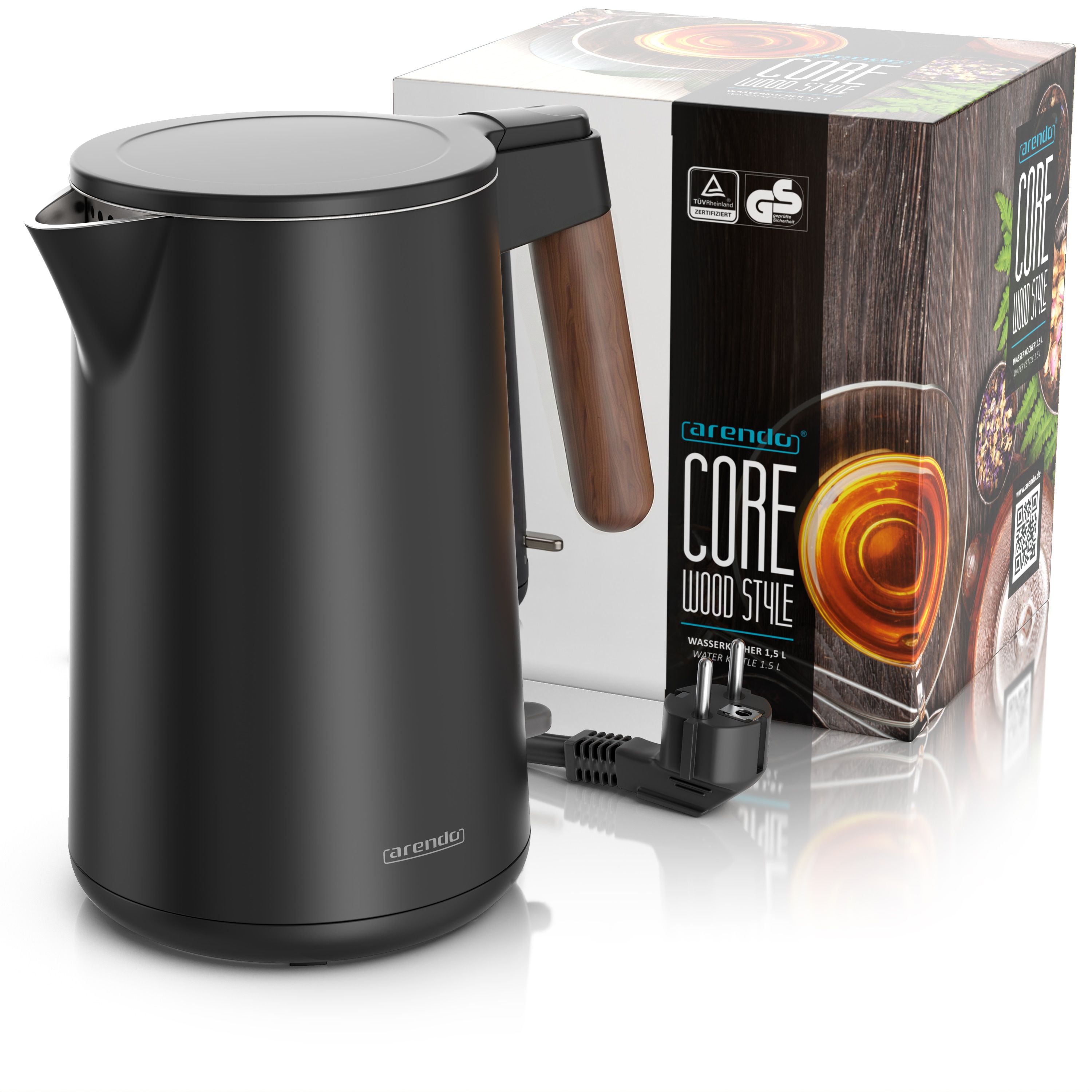 Arendo Wasserkocher 1,5 L, 2200 W, Edelstahl doppelwandig, Cool-Touch, 360°-Basis, dunkler Holzgriff, schwarz online kaufen bei Netto