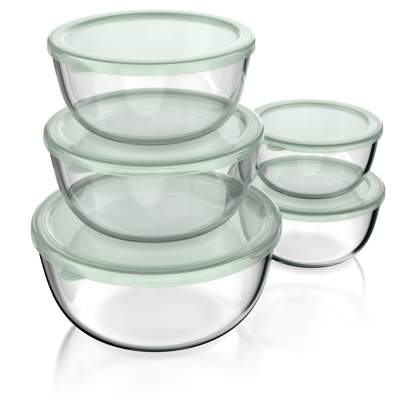 Arendo Salatschüssel, 5x Glasschüsseln + Deckel 1L, 1,5L, 2L, 2,7L & 4,4L, Glas Rührschüssel, transparent/grün