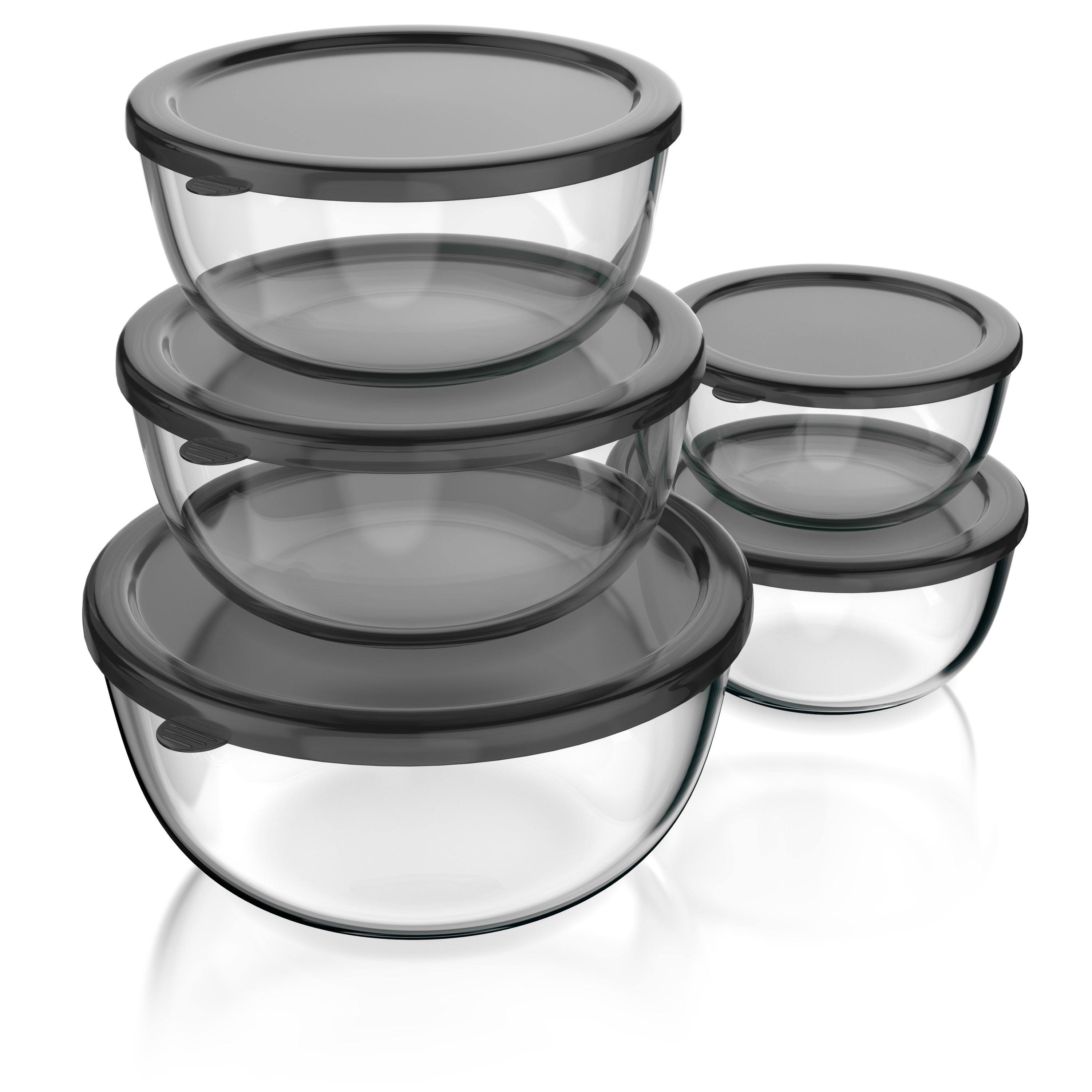 Arendo Salatsch&uuml;ssel, 5x Glassch&uuml;sseln + Deckel 1L, 1,5L, 2L, 2,7L & 4,4L, Glas R&uuml;hrsch&uuml;ssel, transparent/schwarz - Bild 1