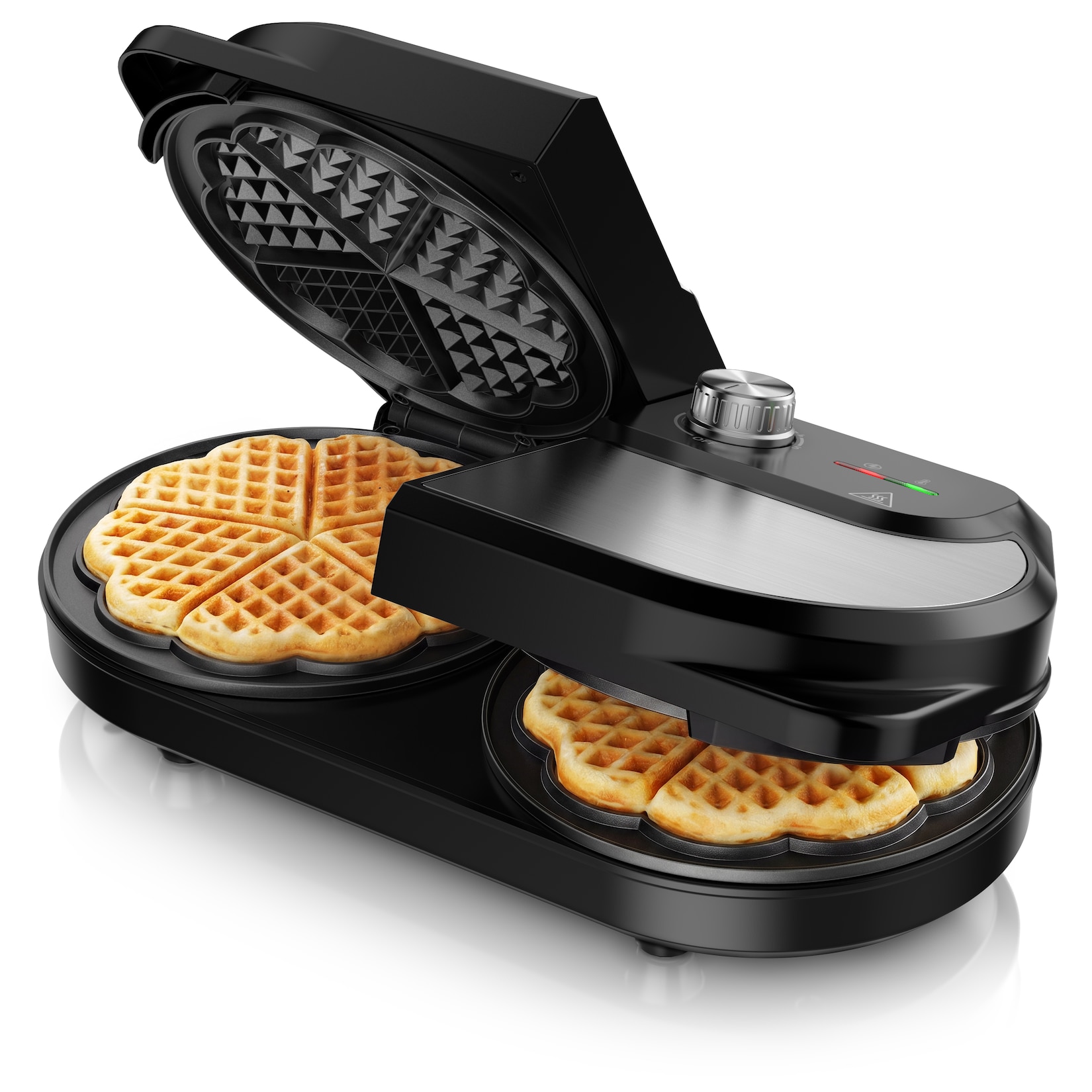 Arendo, Waffeleisen doppelt für 2 Herzwaffeln, 1400 W, Temperaturregler, silber/schwarz