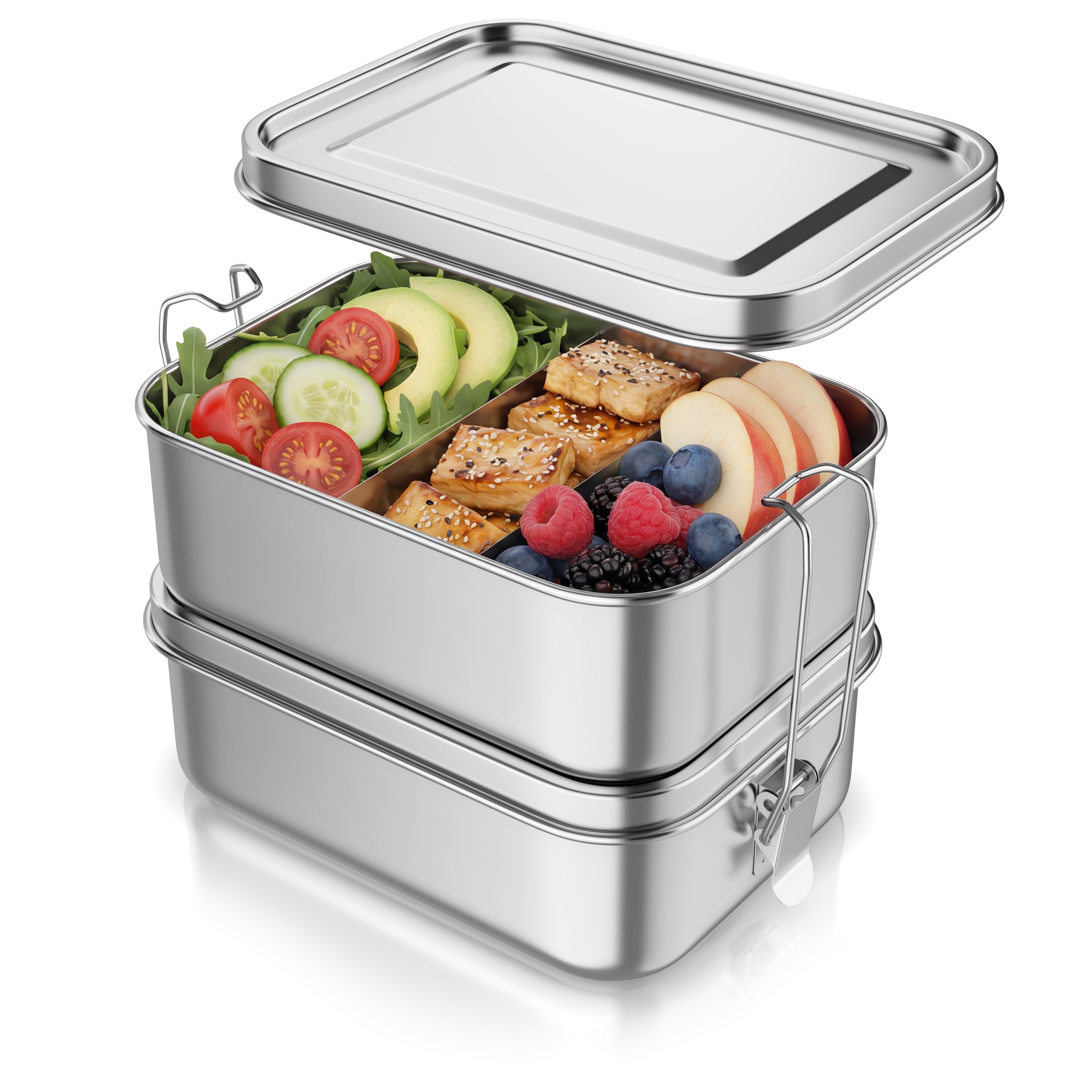 Arendo Lunchbox, Meal Prep Box Edelstahl 1700 ml, 2 Ebenen, 4 Trenneins&auml;tze, Brotdose, edelstahlfarben - Bild 1